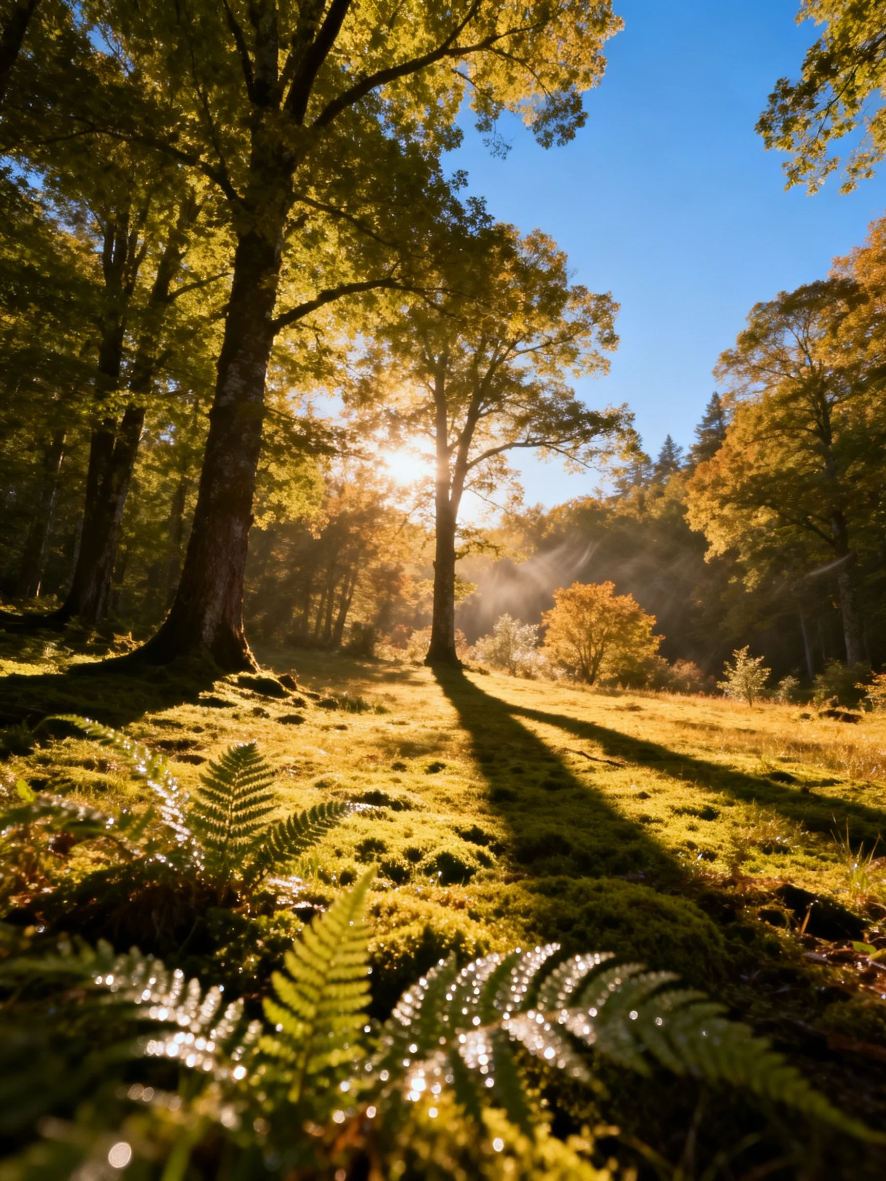 Sunlit Forest Glade with Mossy Ground and Ferns