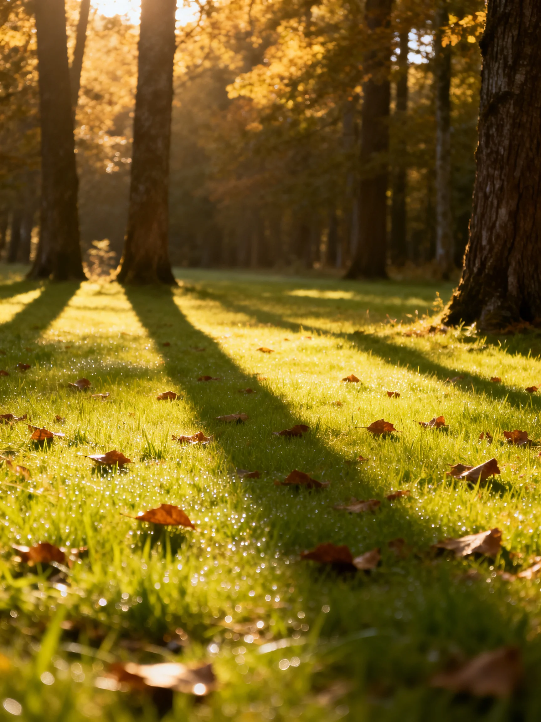 Sunlit Forest Glade with Tall Trees and Autumn Leaves