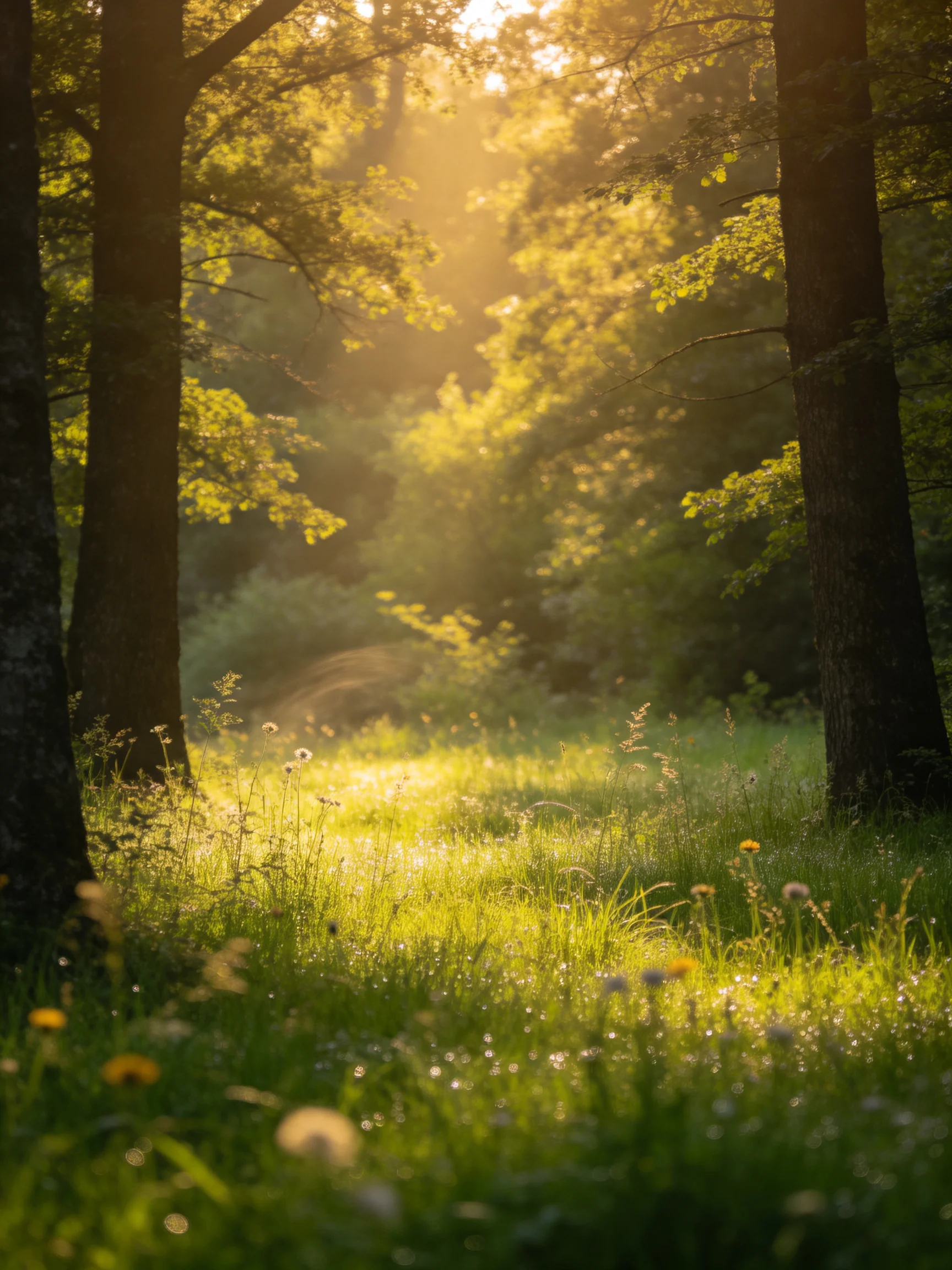 Sunlit Forest Glade with Tall Trees and Lush Greenery