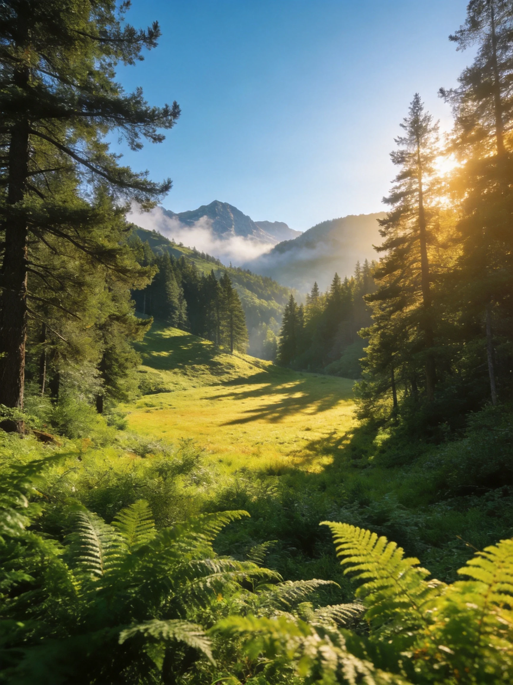 Sunlit Forest Meadow with Misty Mountain Peaks