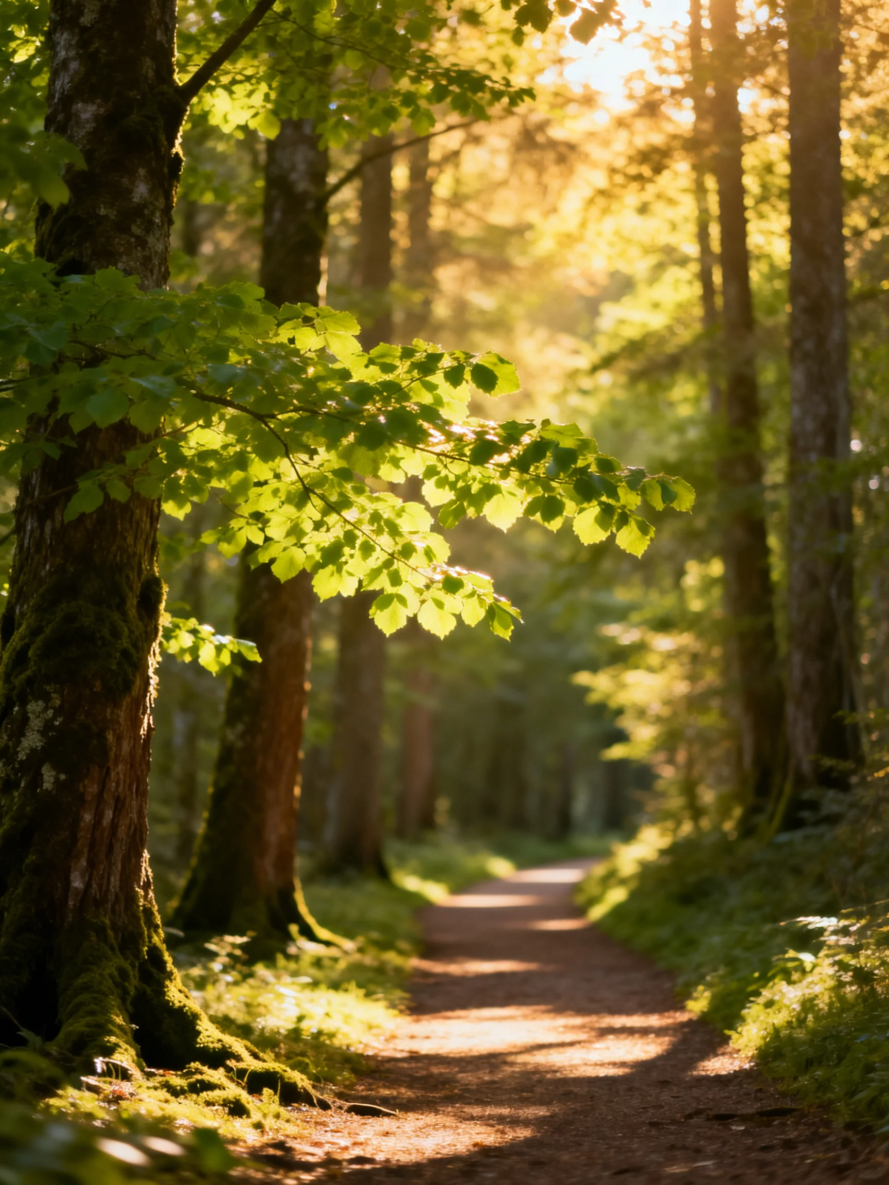 Sunlit Forest Path Among Tall Moss-Covered Trees and Lush Green Foliage