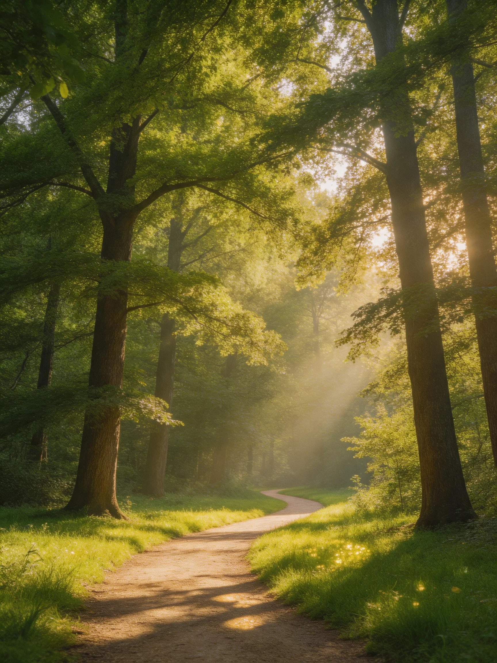 Sunlit Forest Path Among Tall Trees and Lush Greenery