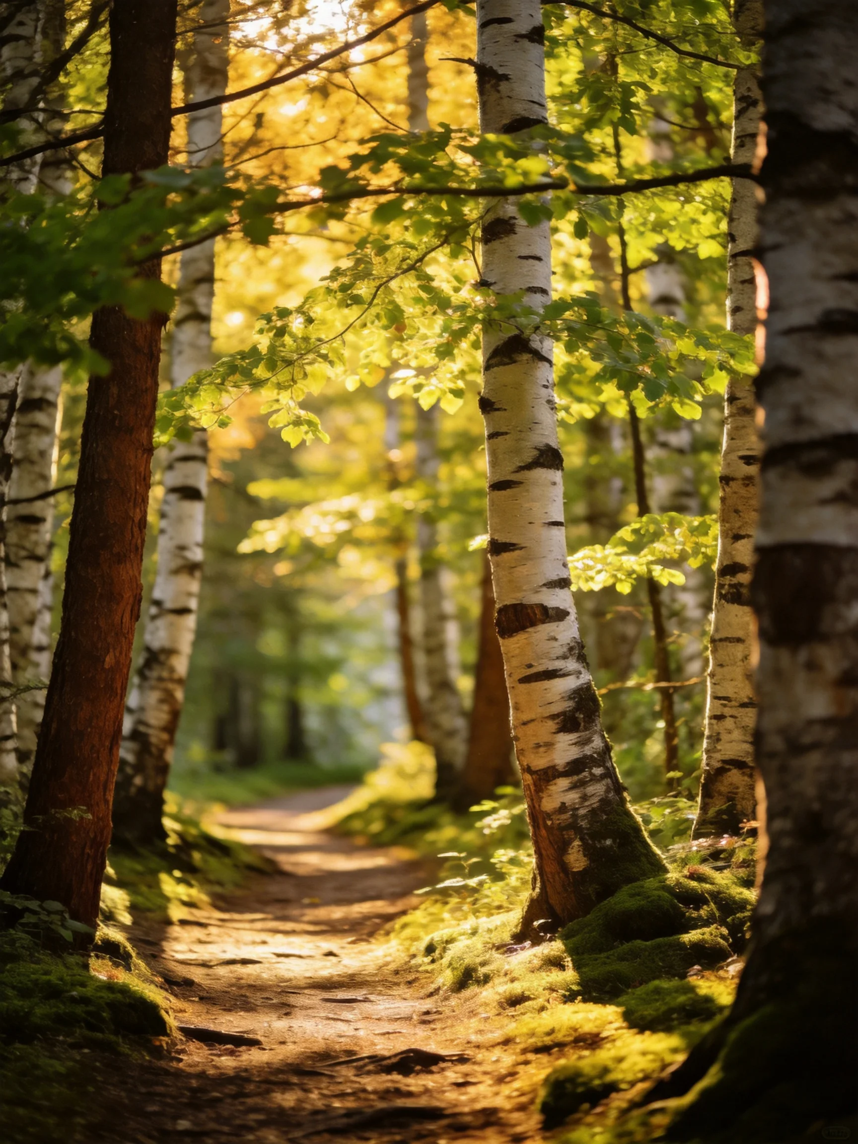 Sunlit Forest Path Among White-Barked Birch Trees with Mossy Ground