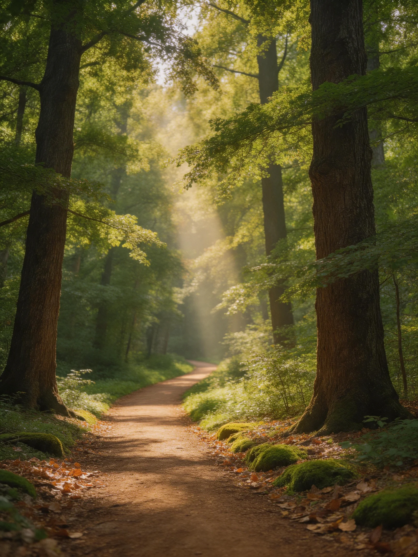 Sunlit Forest Path Flanked By Tall Trees With Dappled Light
