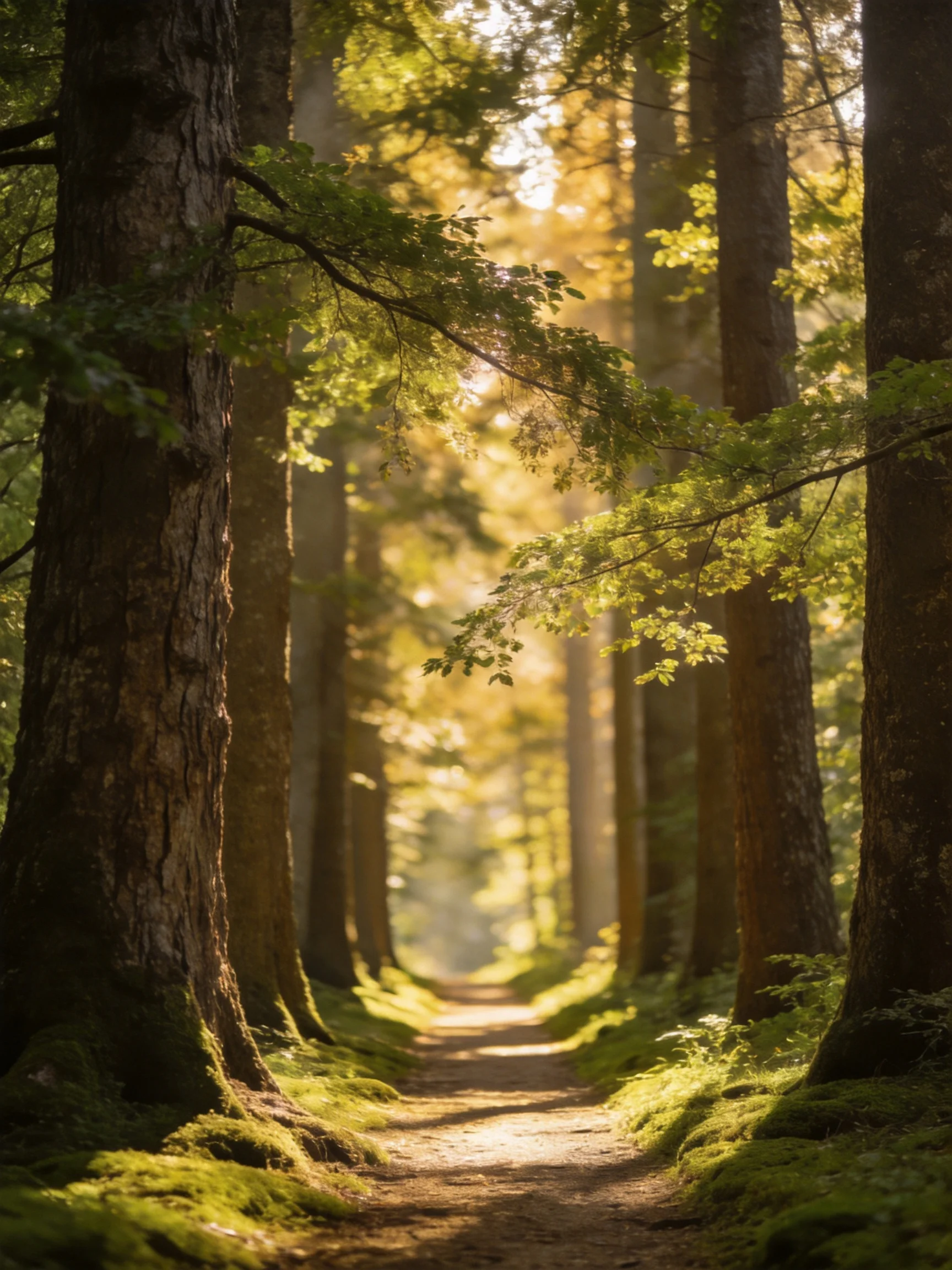 Sunlit Forest Path Flanked by Tall Trees and Moss-Covered Bases