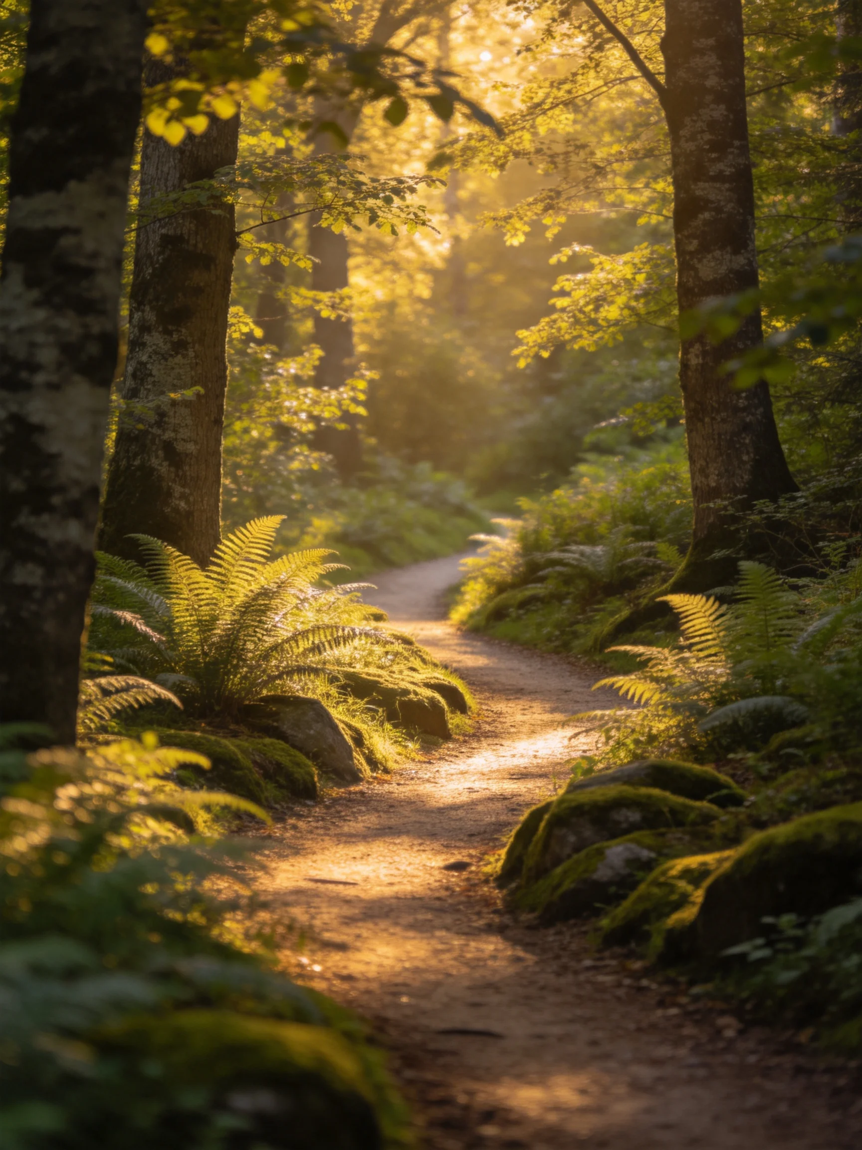 Sunlit Forest Path Lined With Ferns And Mossy Rocks