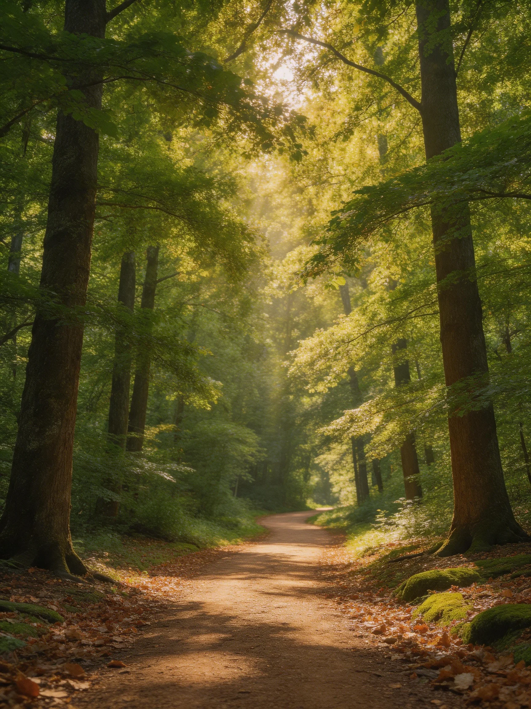 Sunlit Forest Path Through Lush Green Trees