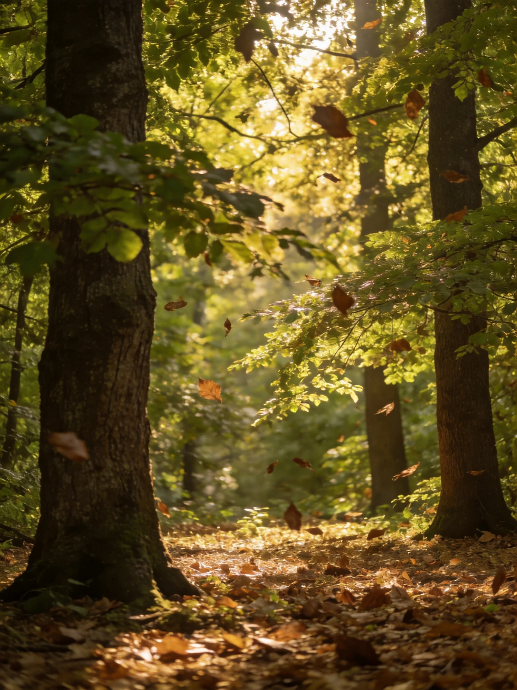 Sunlit Forest Path With Falling Autumn Leaves