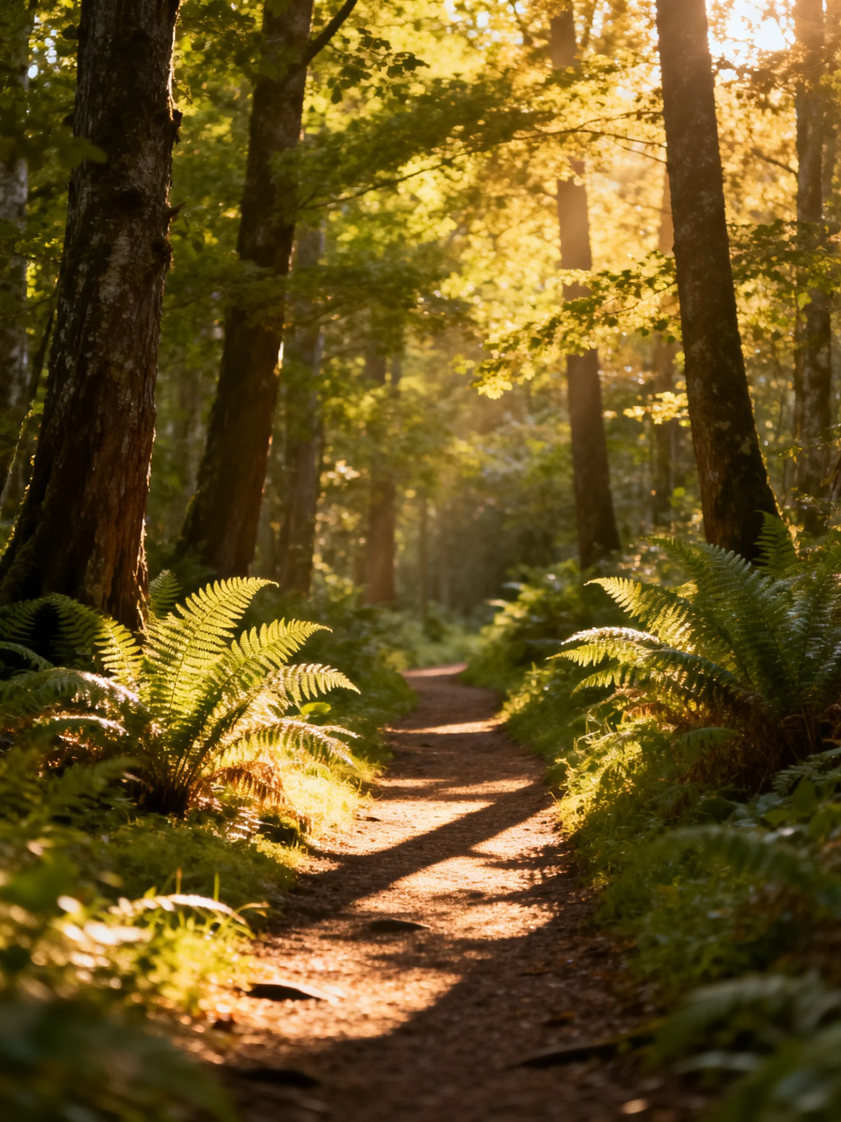 Sunlit Forest Path With Ferns and Tall Trees