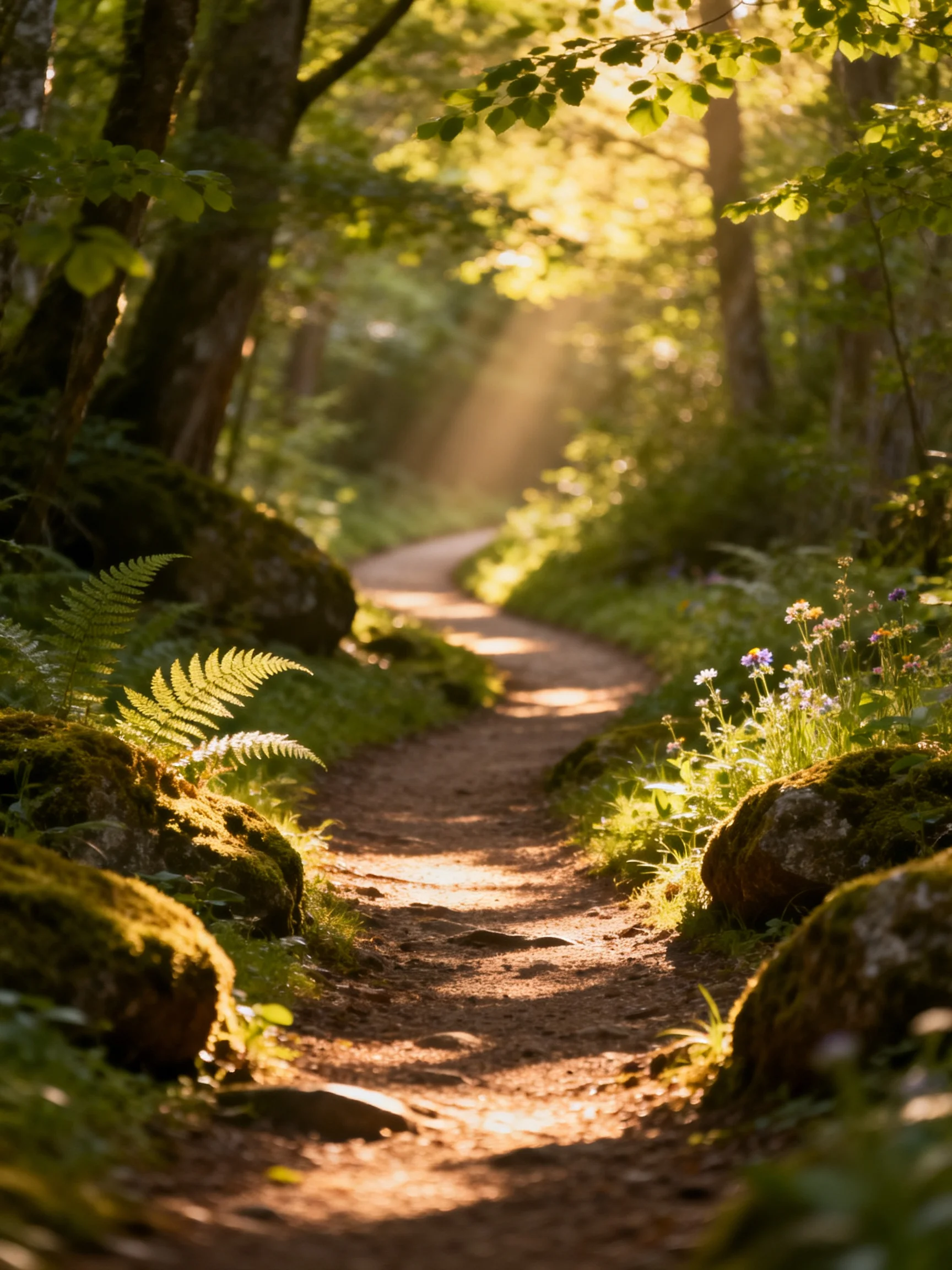 Sunlit Forest Path With Moss-Covered Rocks and Ferns