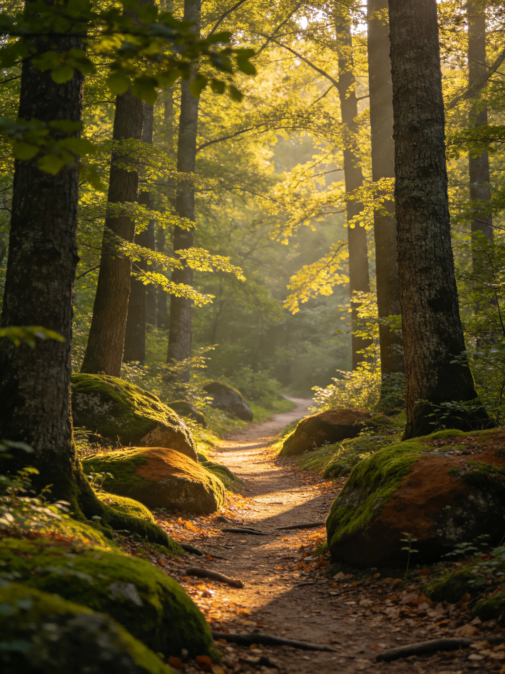 Sunlit Forest Path With Moss-Covered Rocks and Tall Trees
