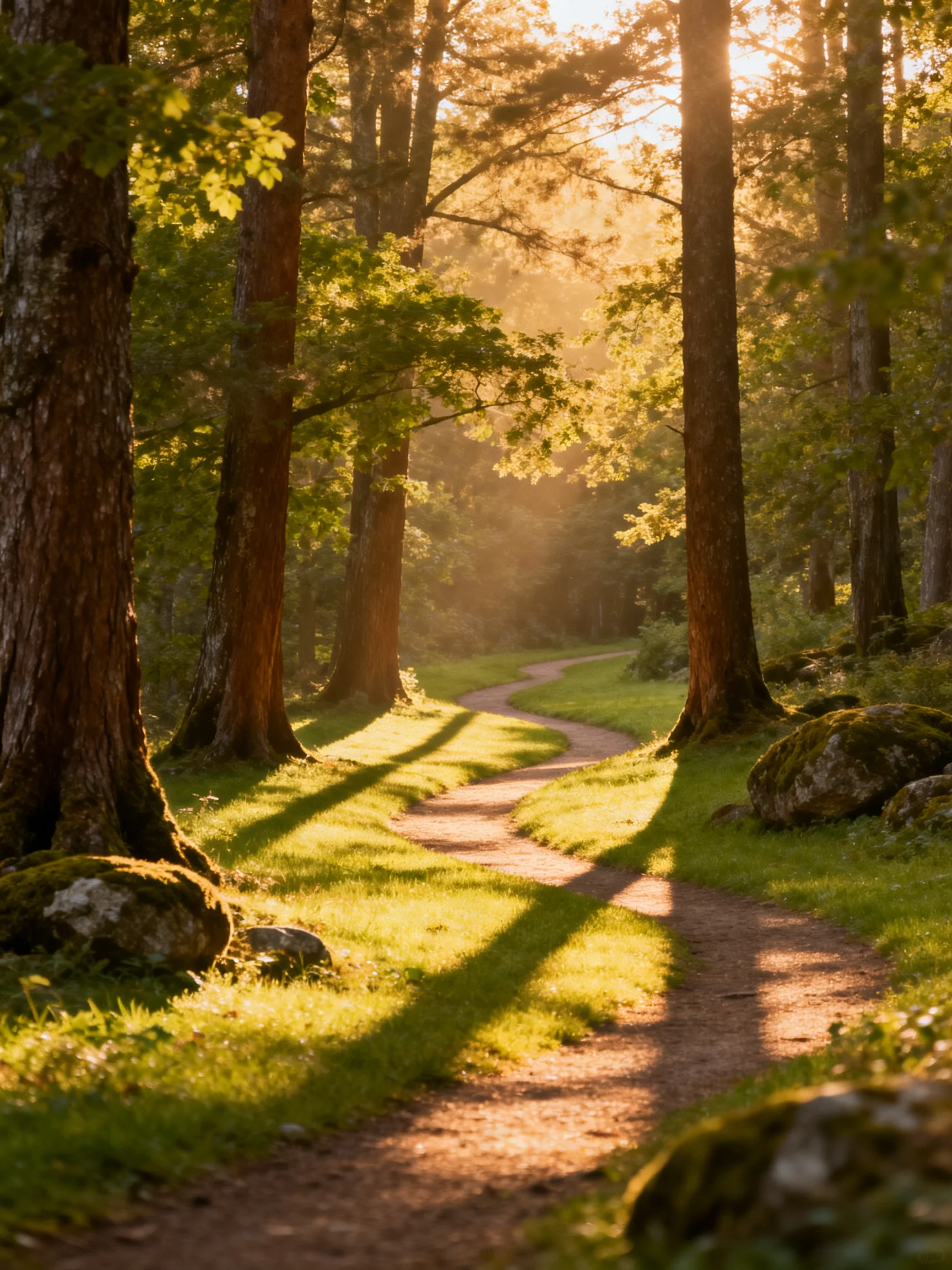 Sunlit Forest Path With Moss-Covered Rocks and Tall Trees