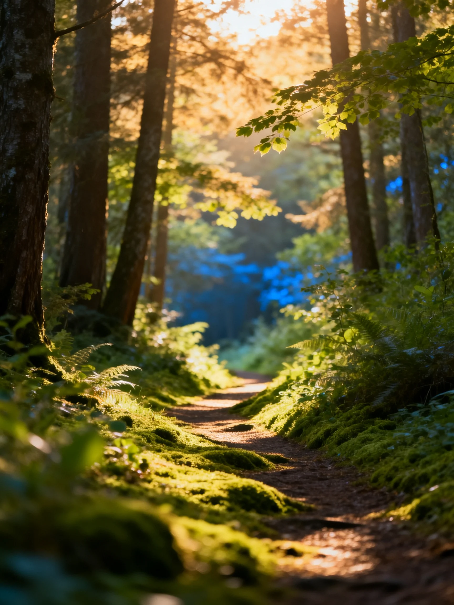 Sunlit Forest Path With Moss-Covered Trail and Tall Trees