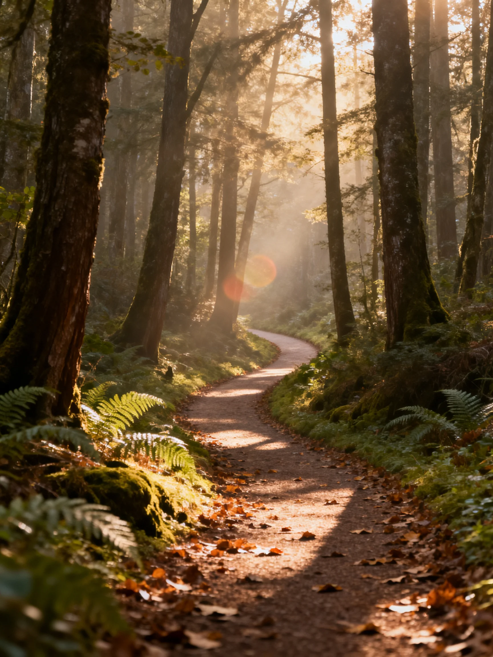 Sunlit Forest Path With Moss-Covered Trees and Ferns