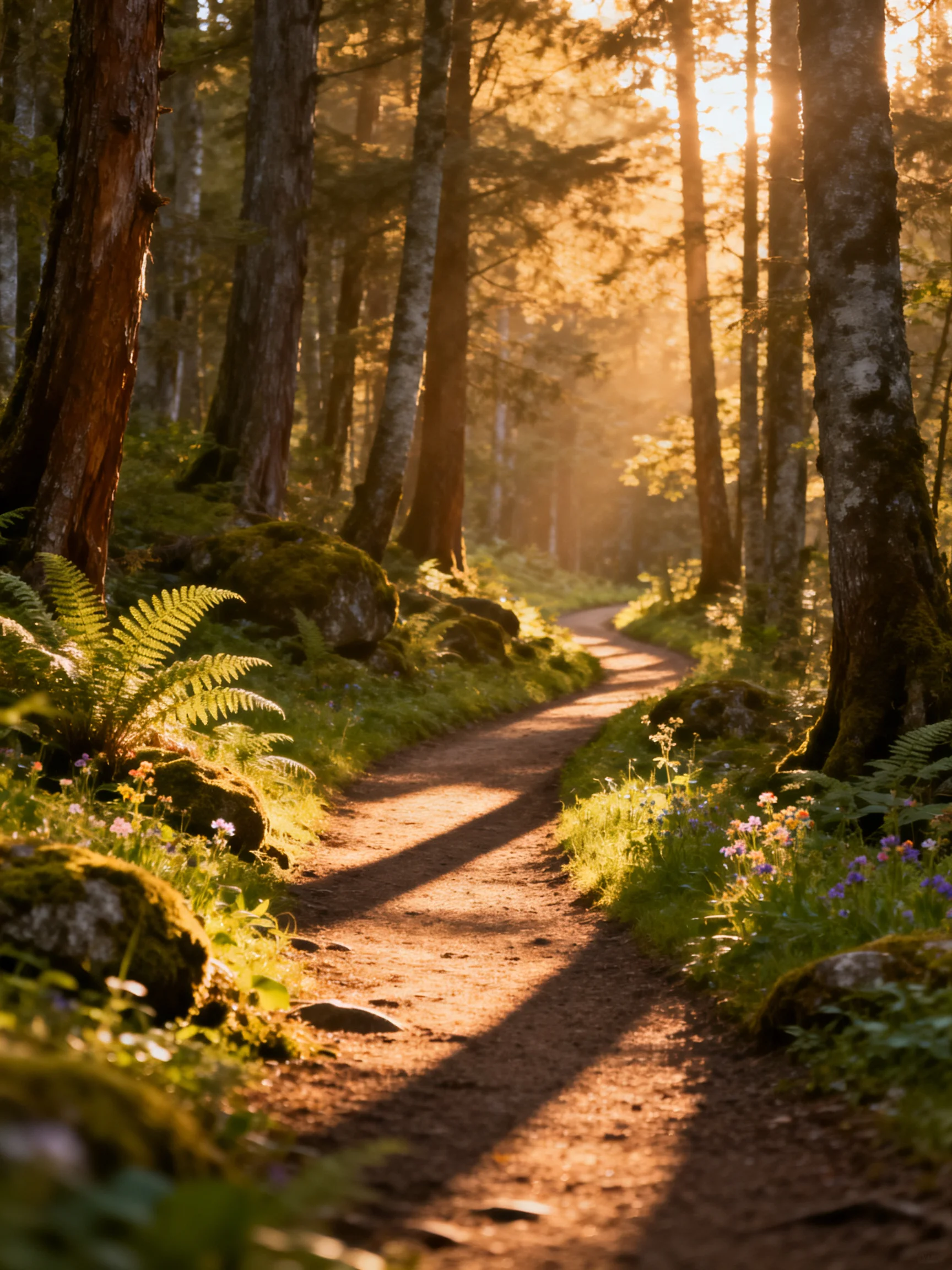 Sunlit Forest Path With Moss-Covered Trees and Ferns