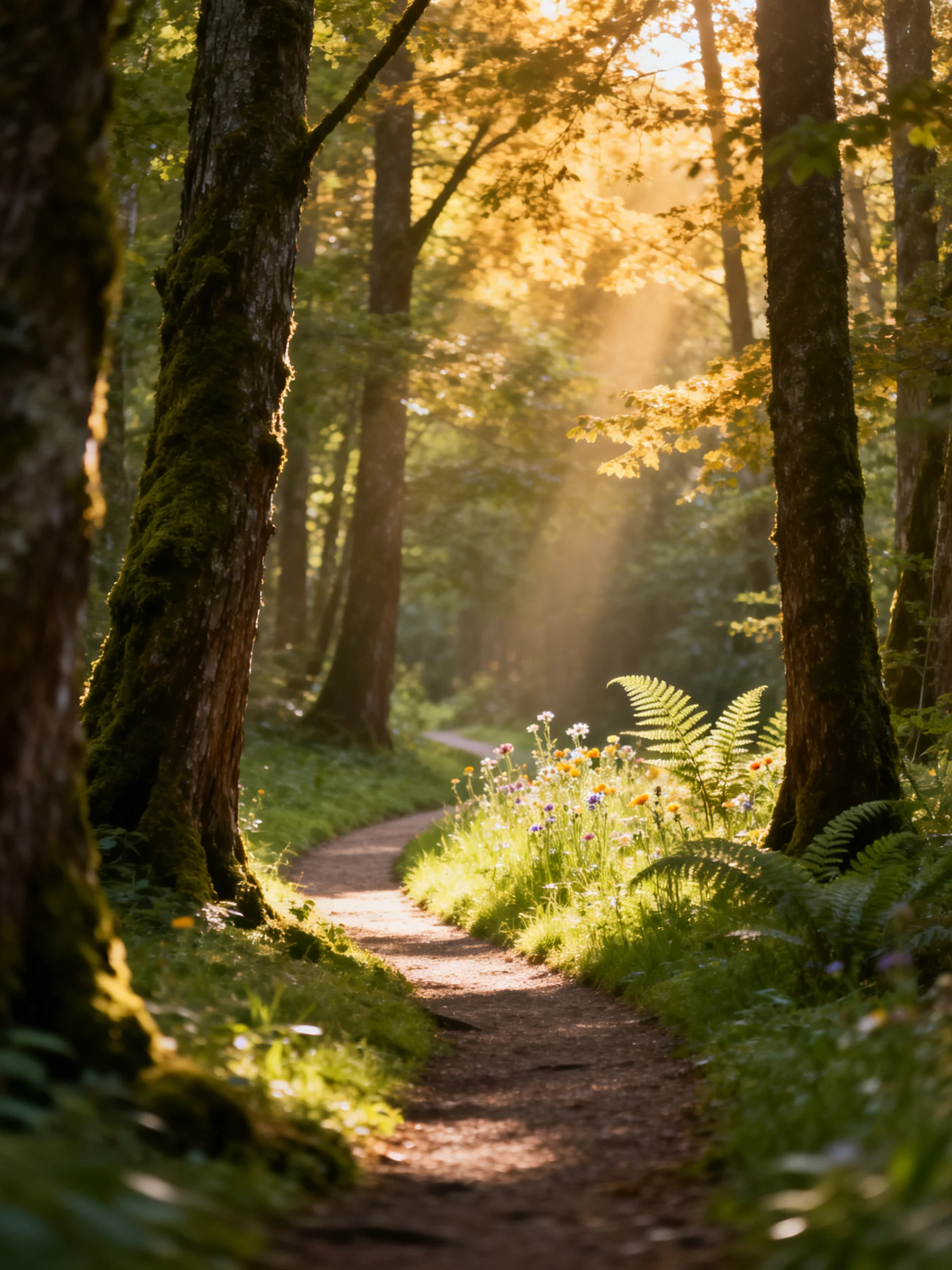 Sunlit Forest Path With Moss-Covered Trees and Wildflowers