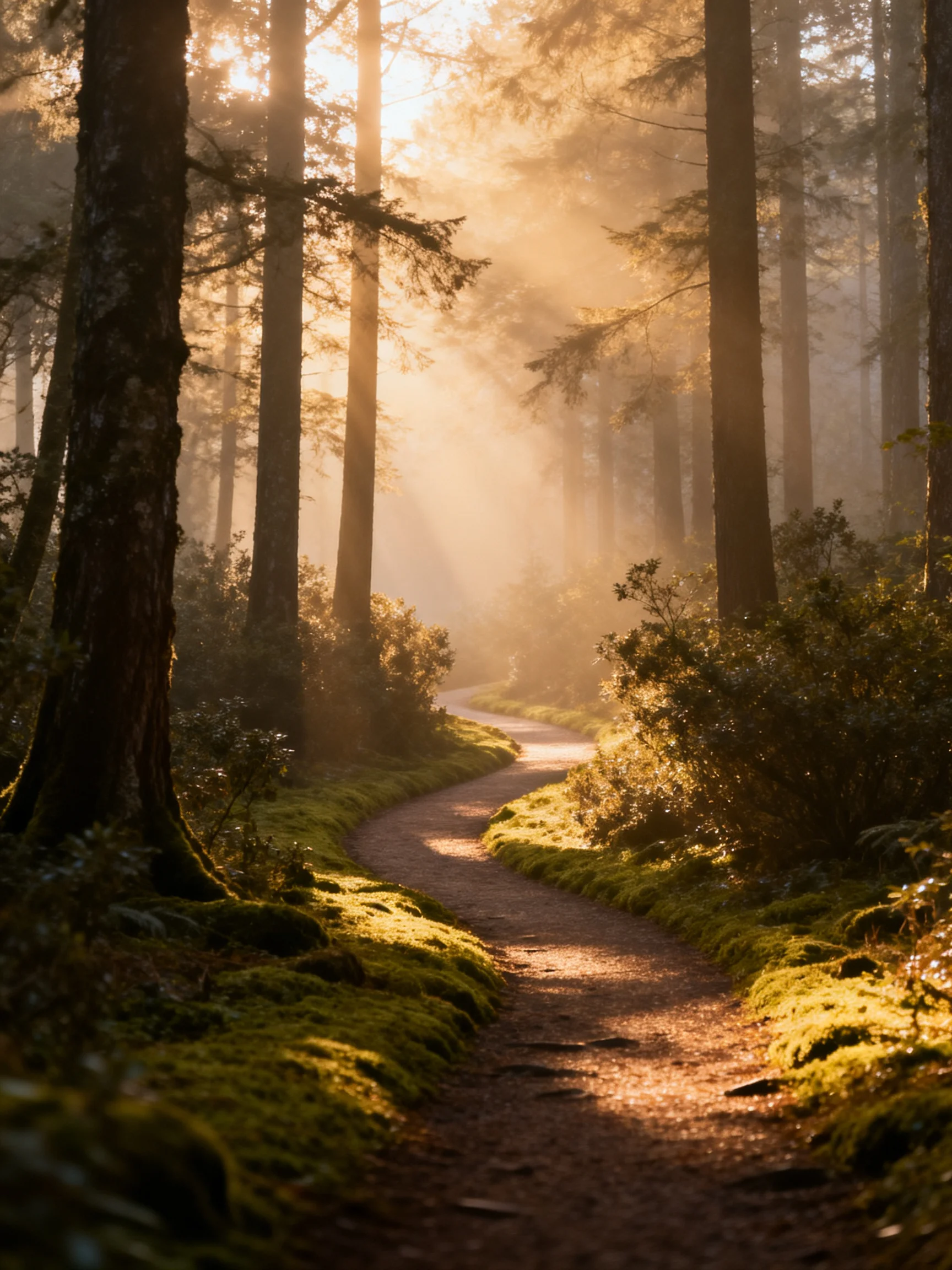 Sunlit Forest Path With Mossy Trails and Towering Trees