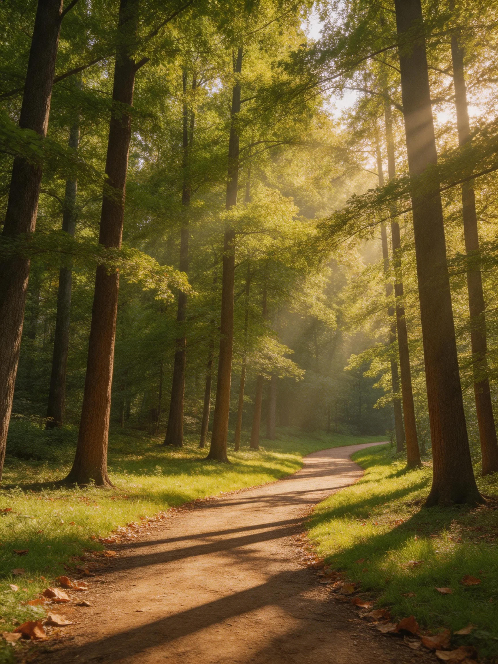 Sunlit Forest Path With Tall Trees and Dappled Light