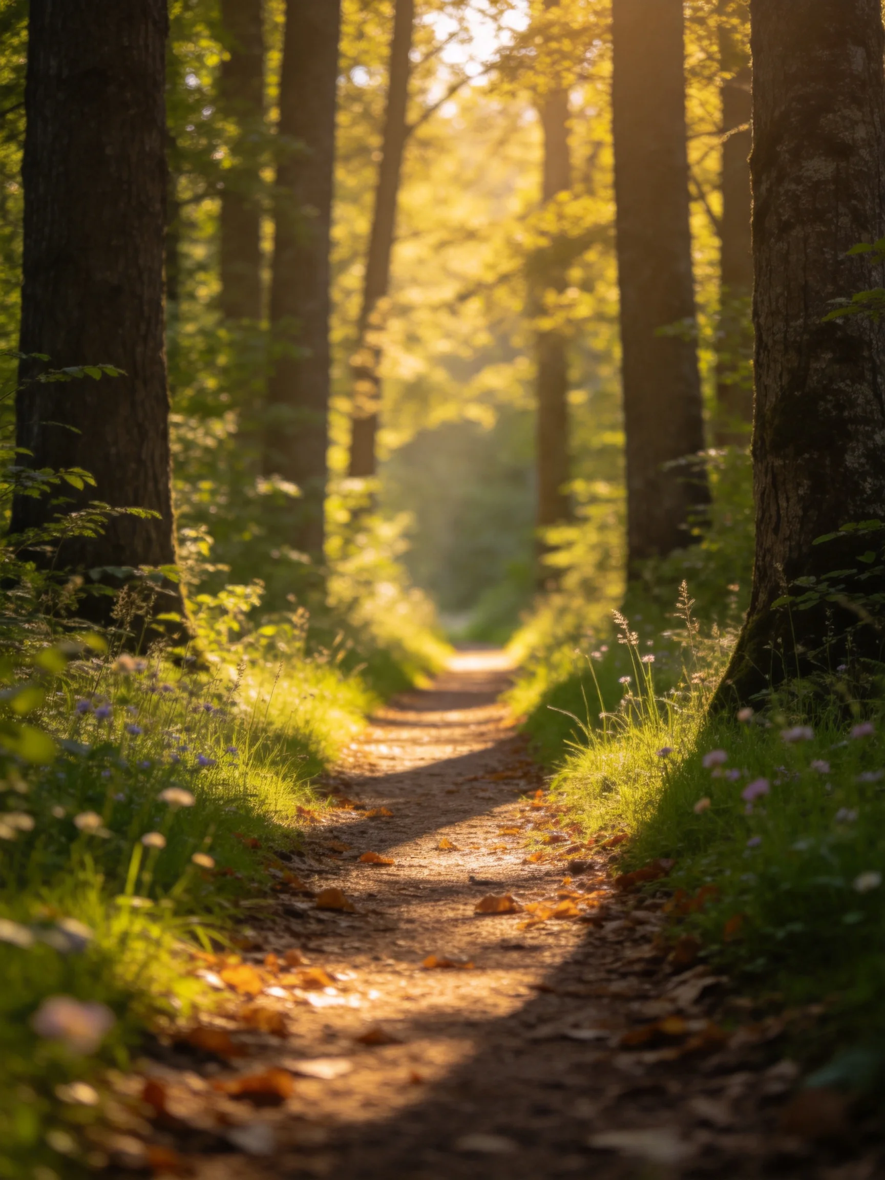 Sunlit Forest Path With Tall Trees and Lush Greenery