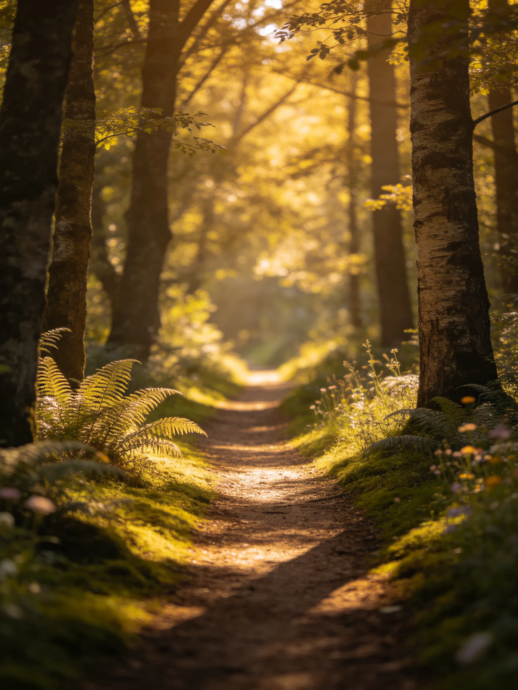 Sunlit Forest Path With Tall Trees and LushGreenery