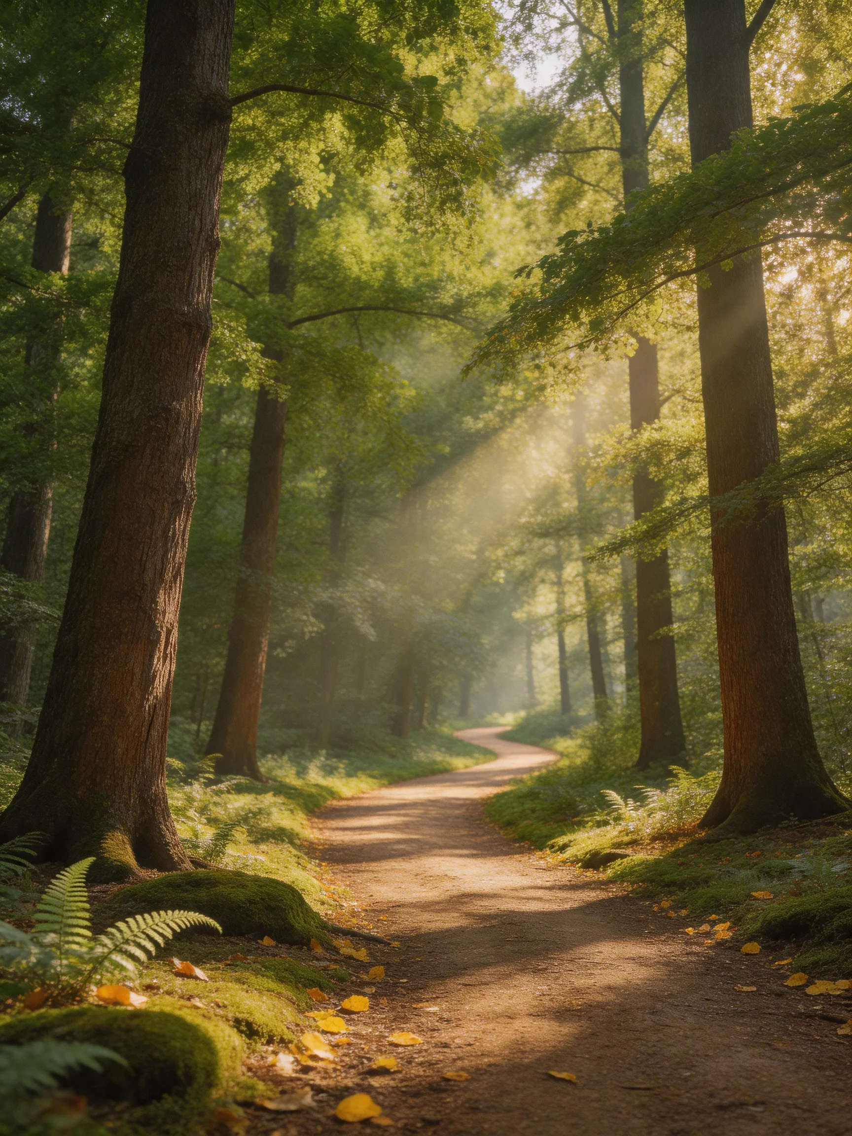 Sunlit Forest Path With Towering Trees and Mossy Ground