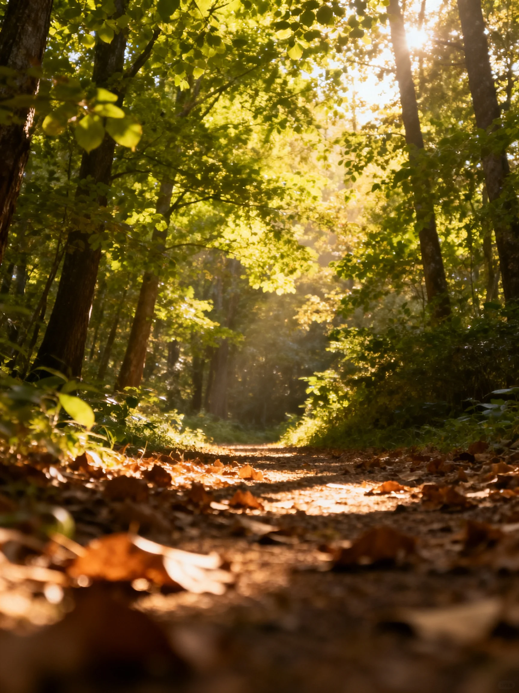 Sunlit Forest Path with Green Canopy and Brown Fallen Leaves