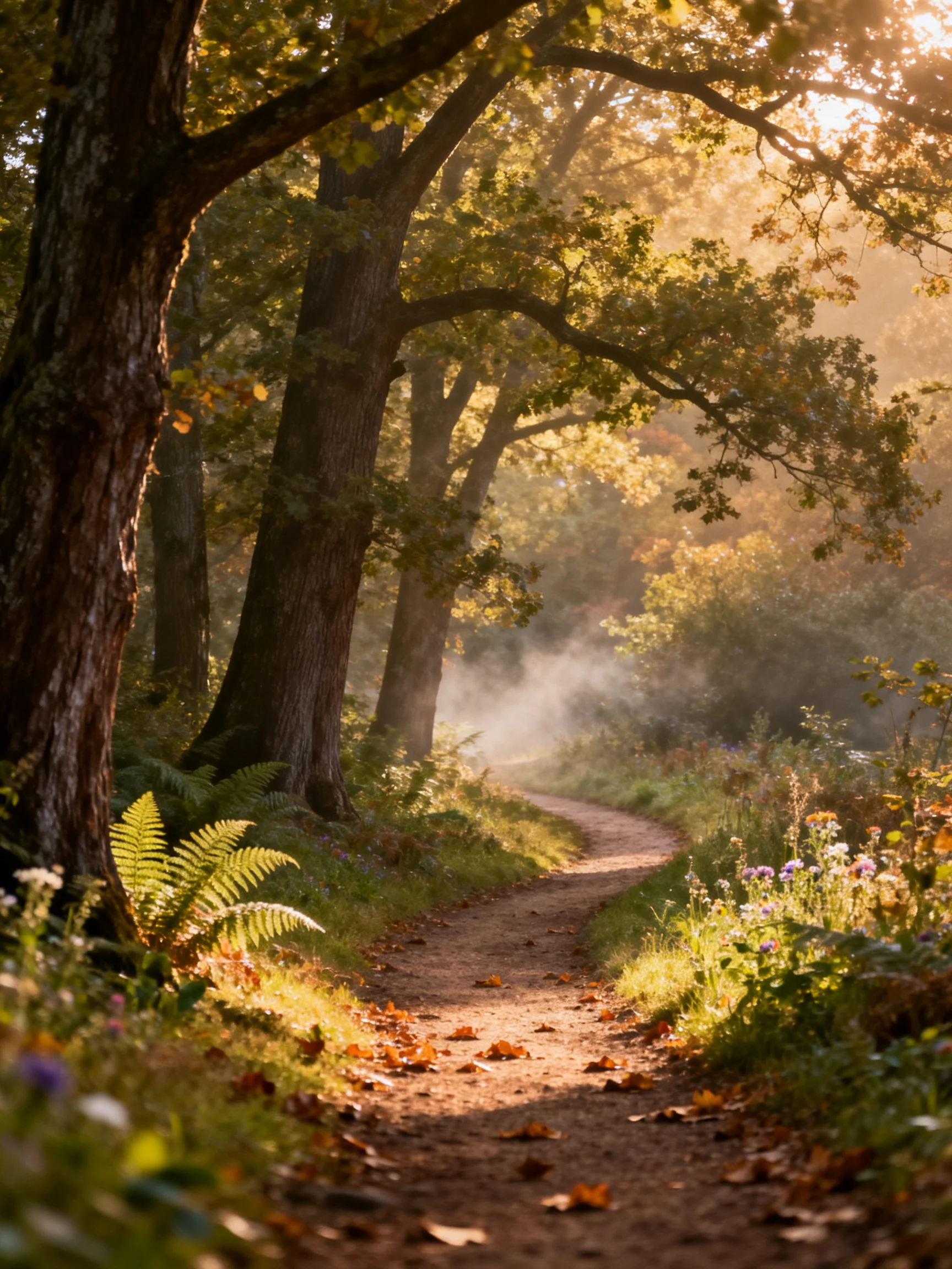 Sunlit Forest Path with Misty Atmosphere
