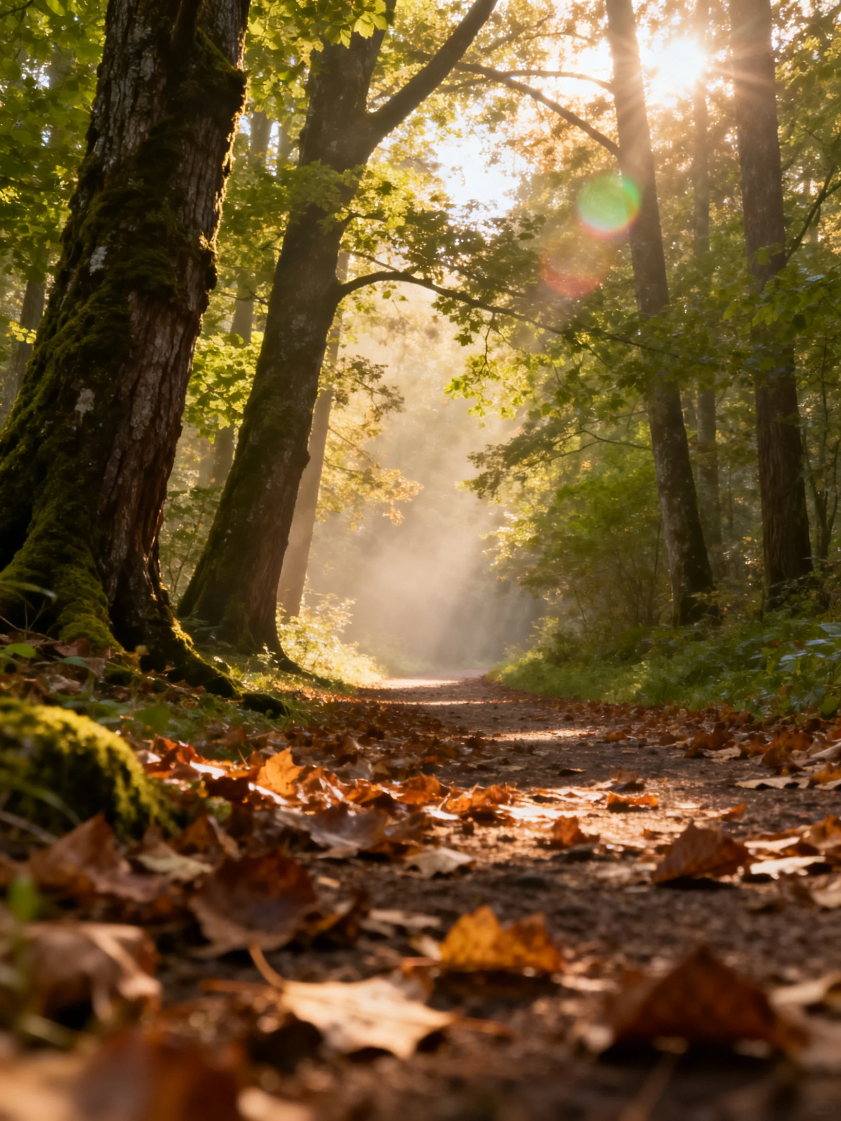 Sunlit Forest Path with Moss-Covered Trees and Fallen Autumn Leaves