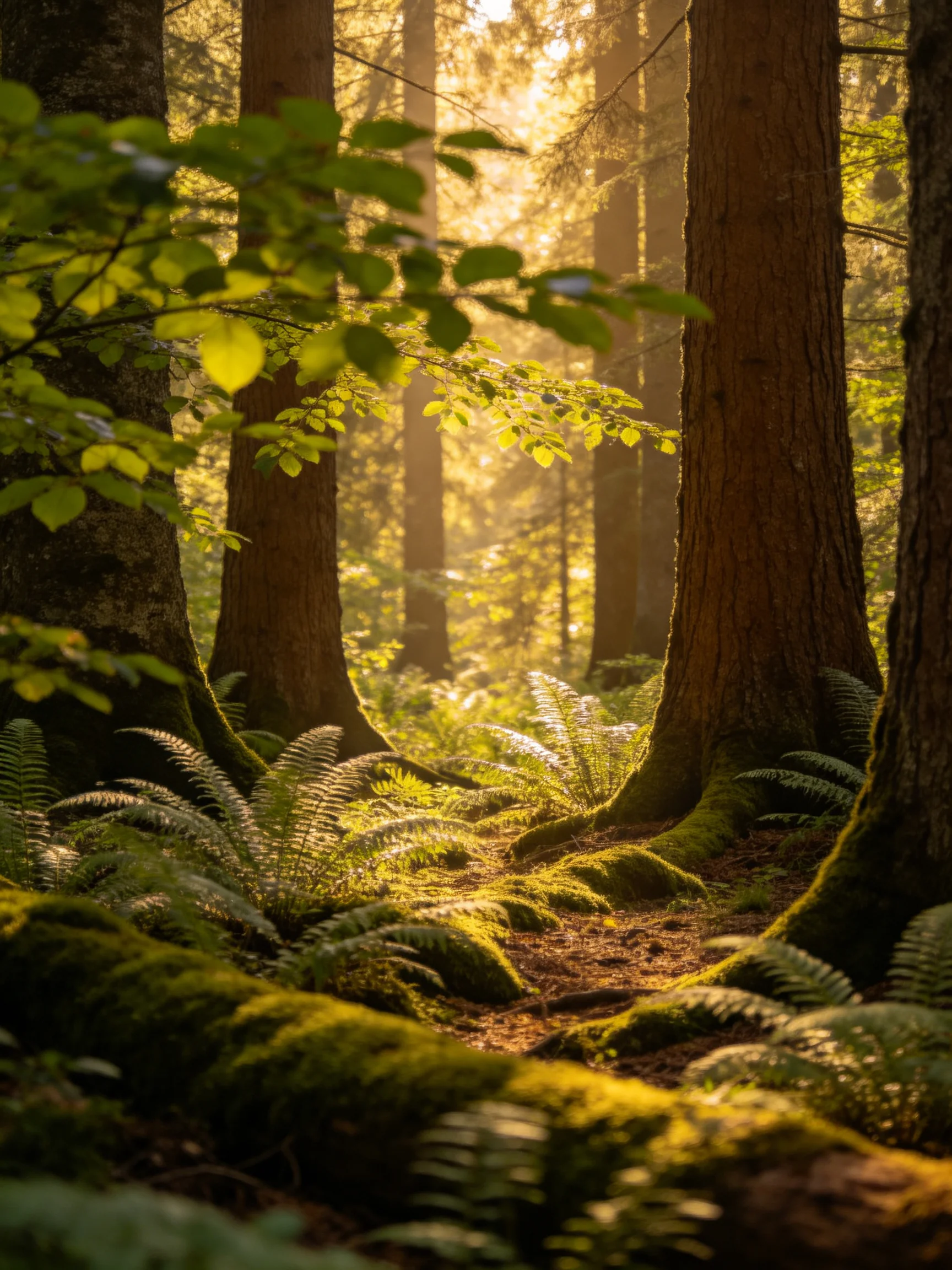 Sunlit Forest Path with Moss-Covered Trees and Ferns