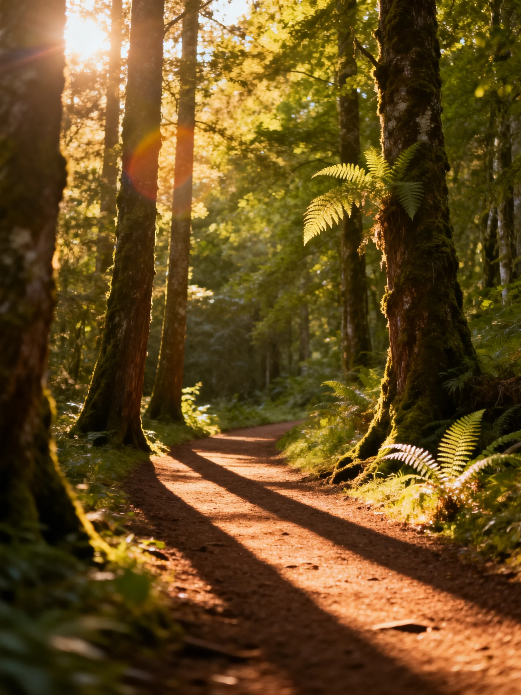 Sunlit Forest Path with Moss-Covered Trees and Ferns