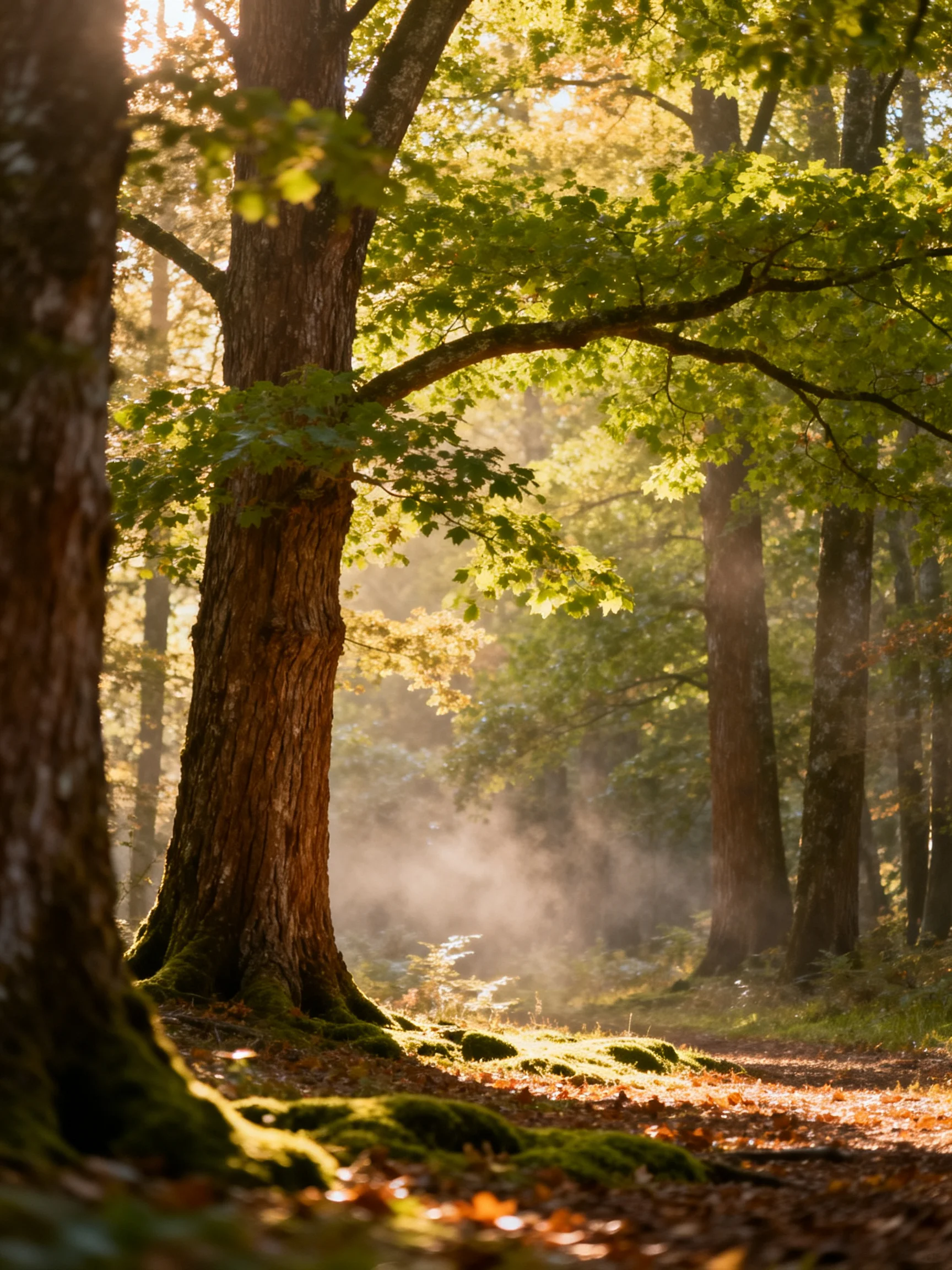 Sunlit Forest Path with Moss-Covered Trees and Morning Mist
