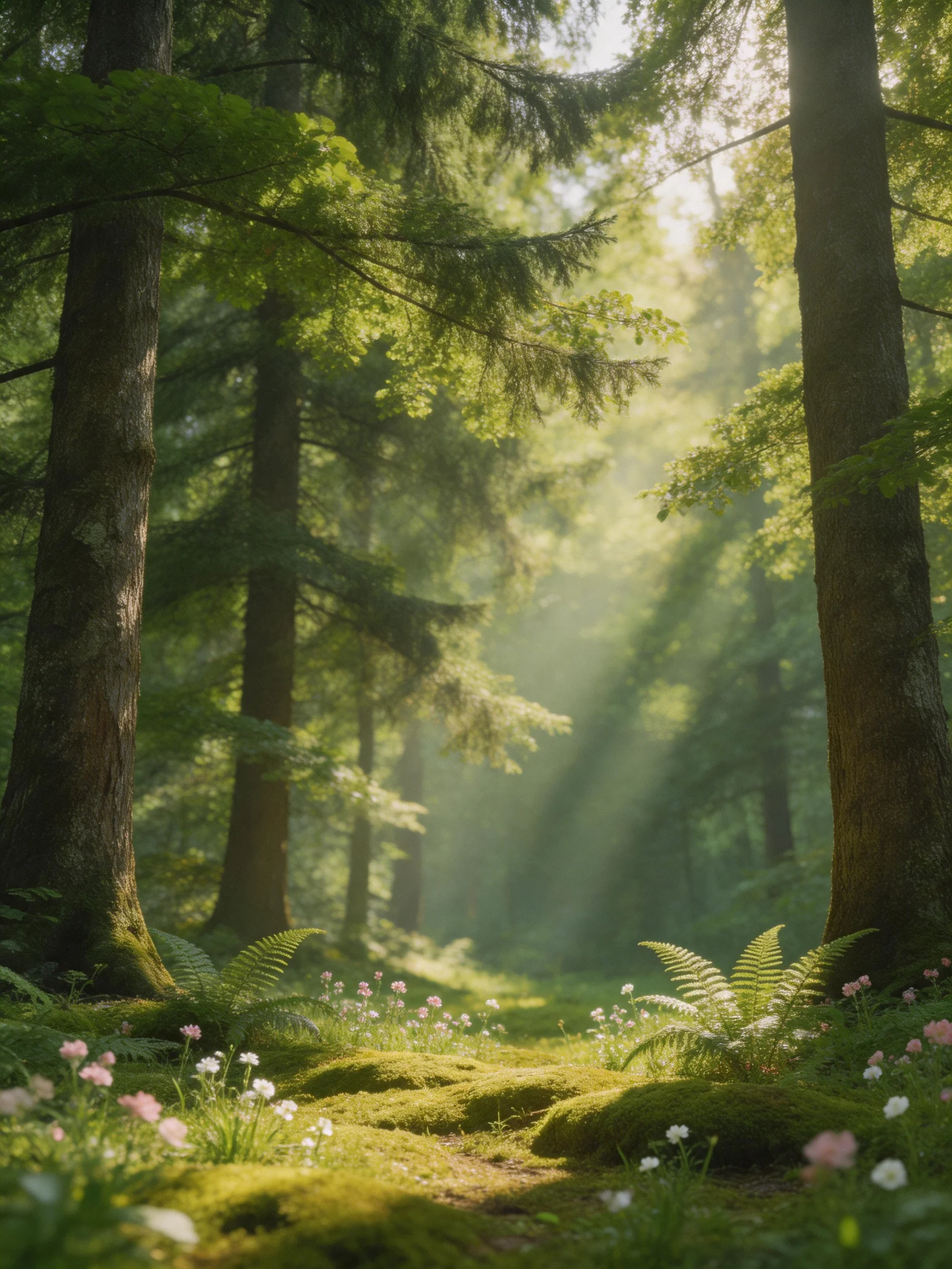 Sunlit Forest Path with Mossy Ground
