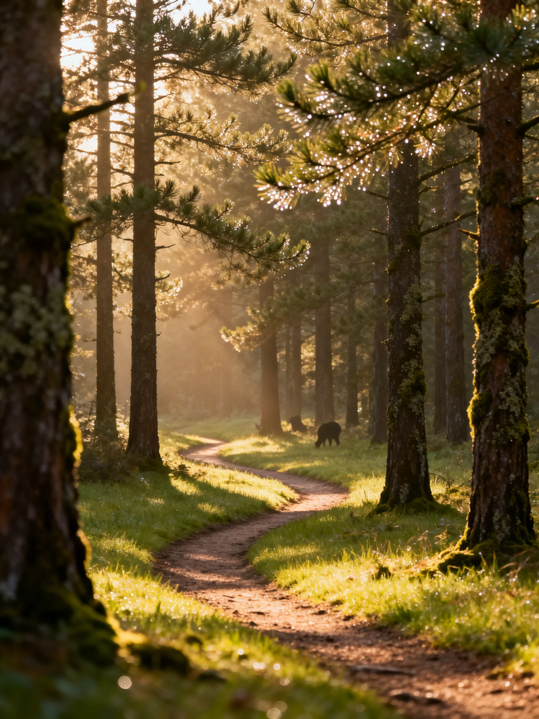 Sunlit Forest Path with Tall Pine Trees and Morning Light
