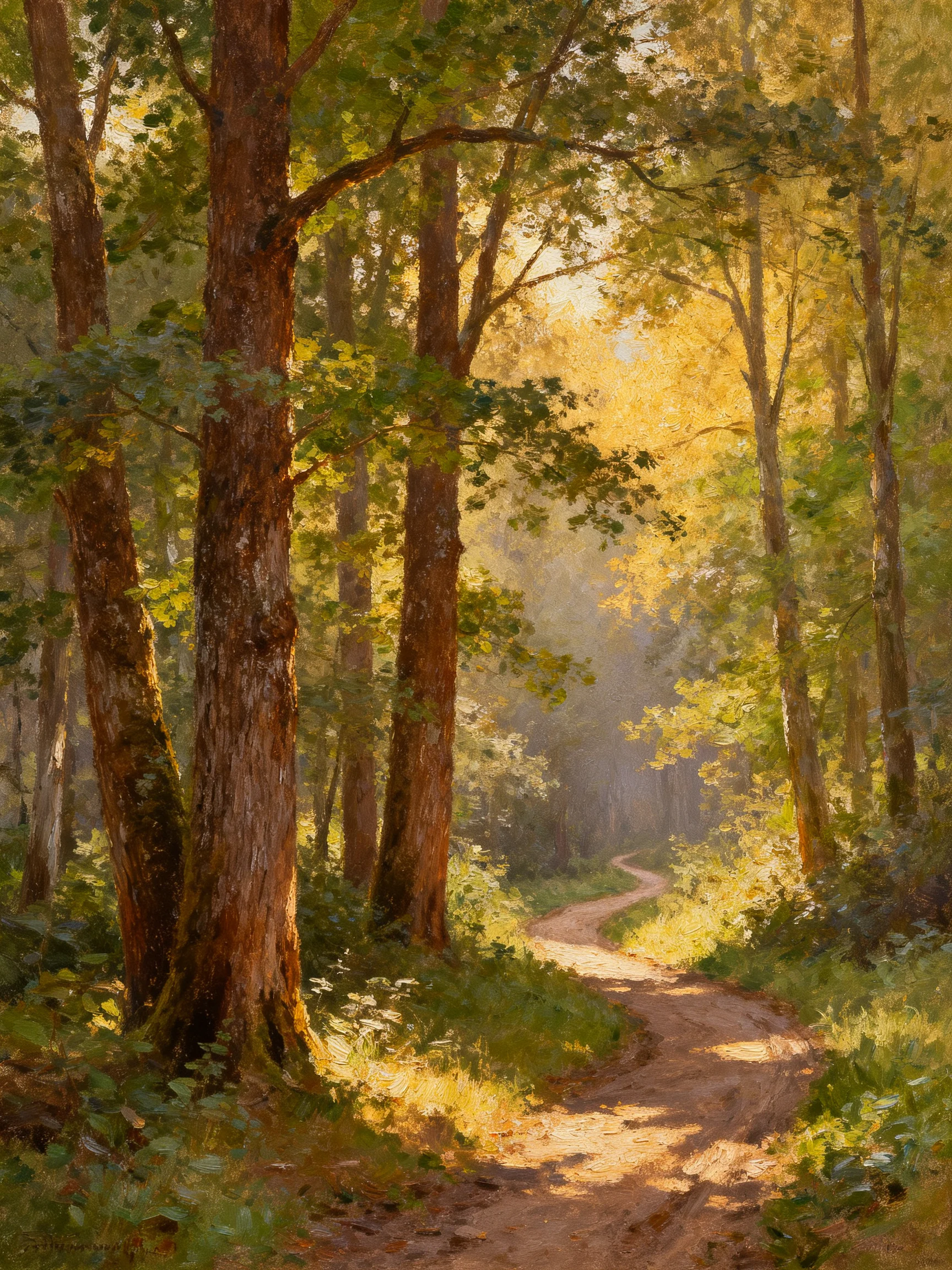 Sunlit Forest Path with Tall Trees and Winding Dirt Trail