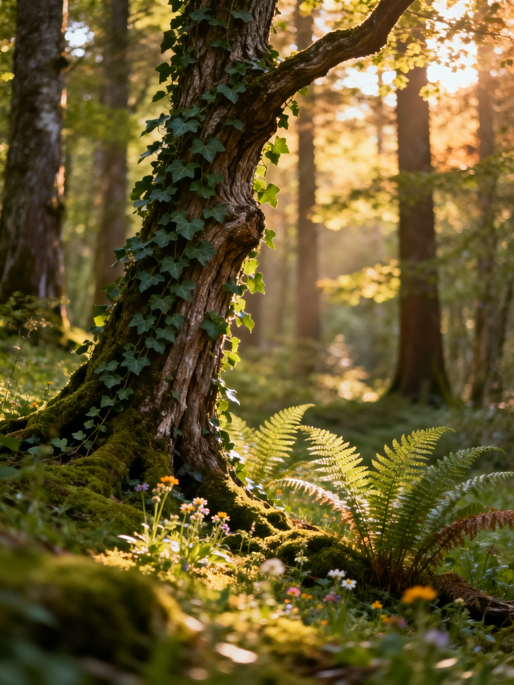 Sunlit Forest Scene with Ivy-Covered Tree and Ferns