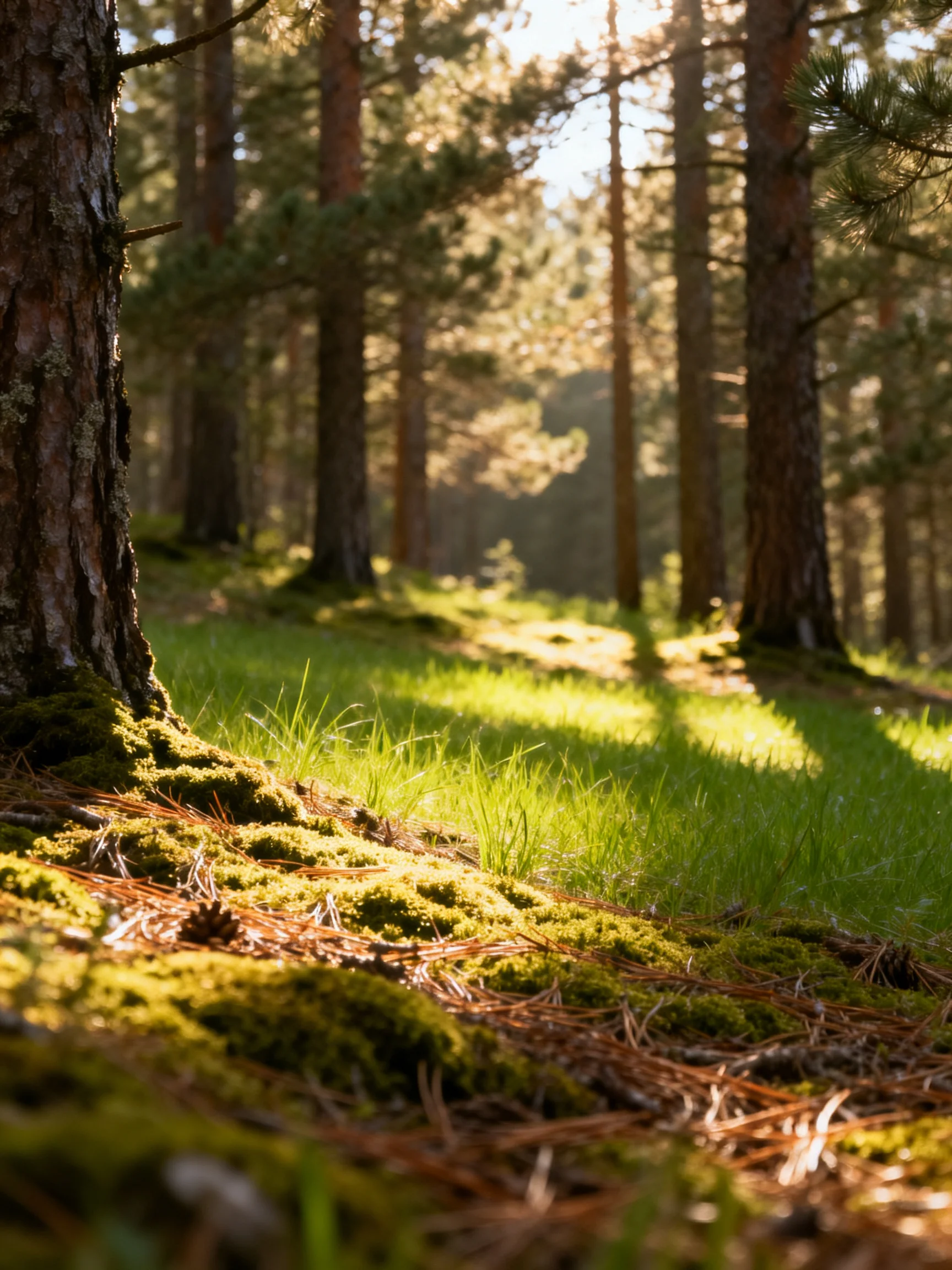 Sunlit Forest Scene with Mossy Ground and Tall Pine Trees