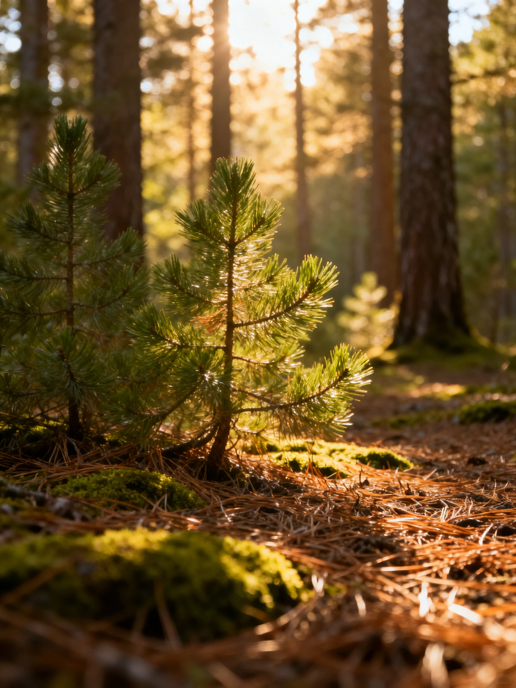 Sunlit Forest Scene with Young Pine Saplings and Mossy Ground