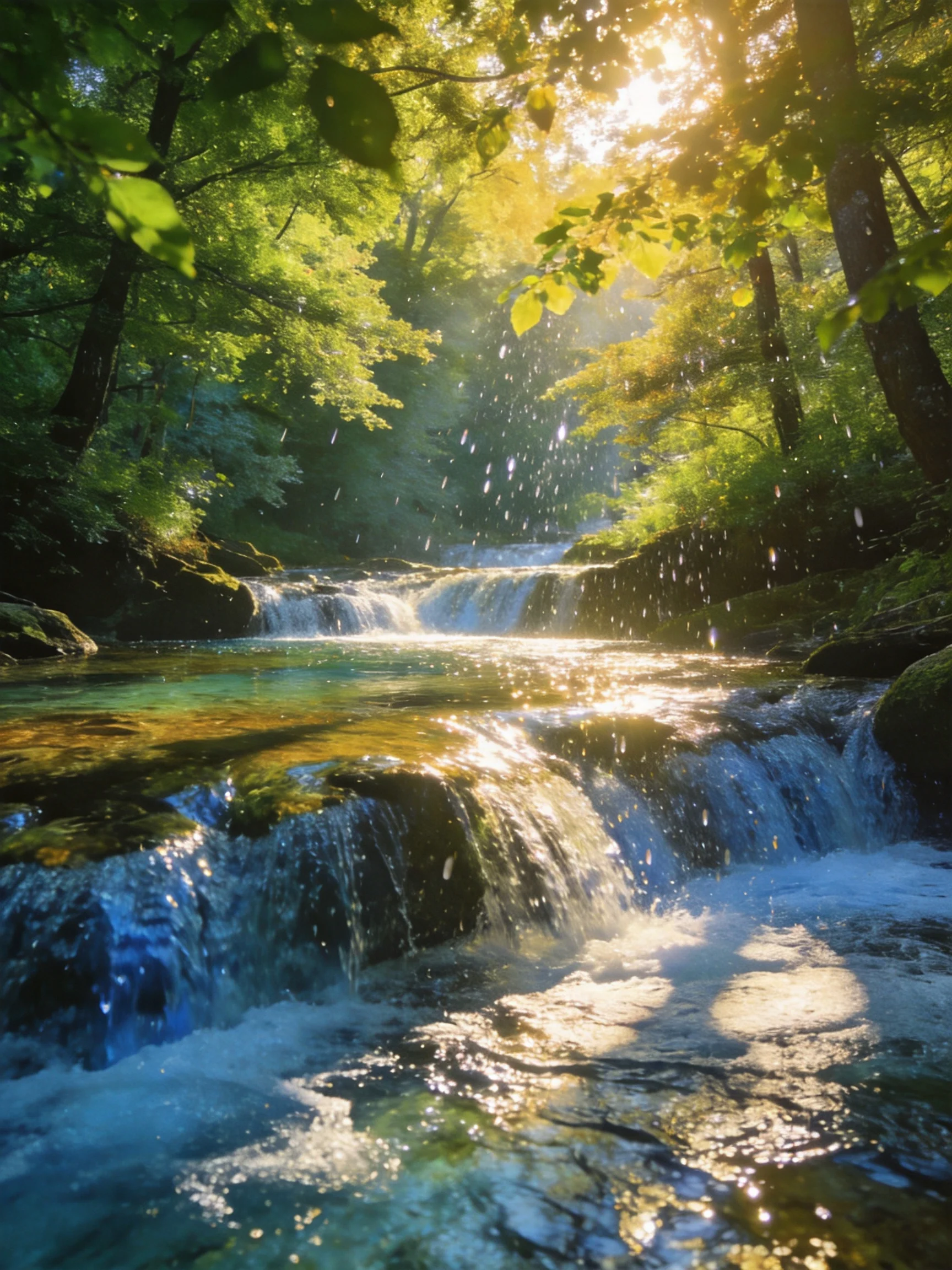 Sunlit Forest Stream with Cascading Waterfalls and Golden Light