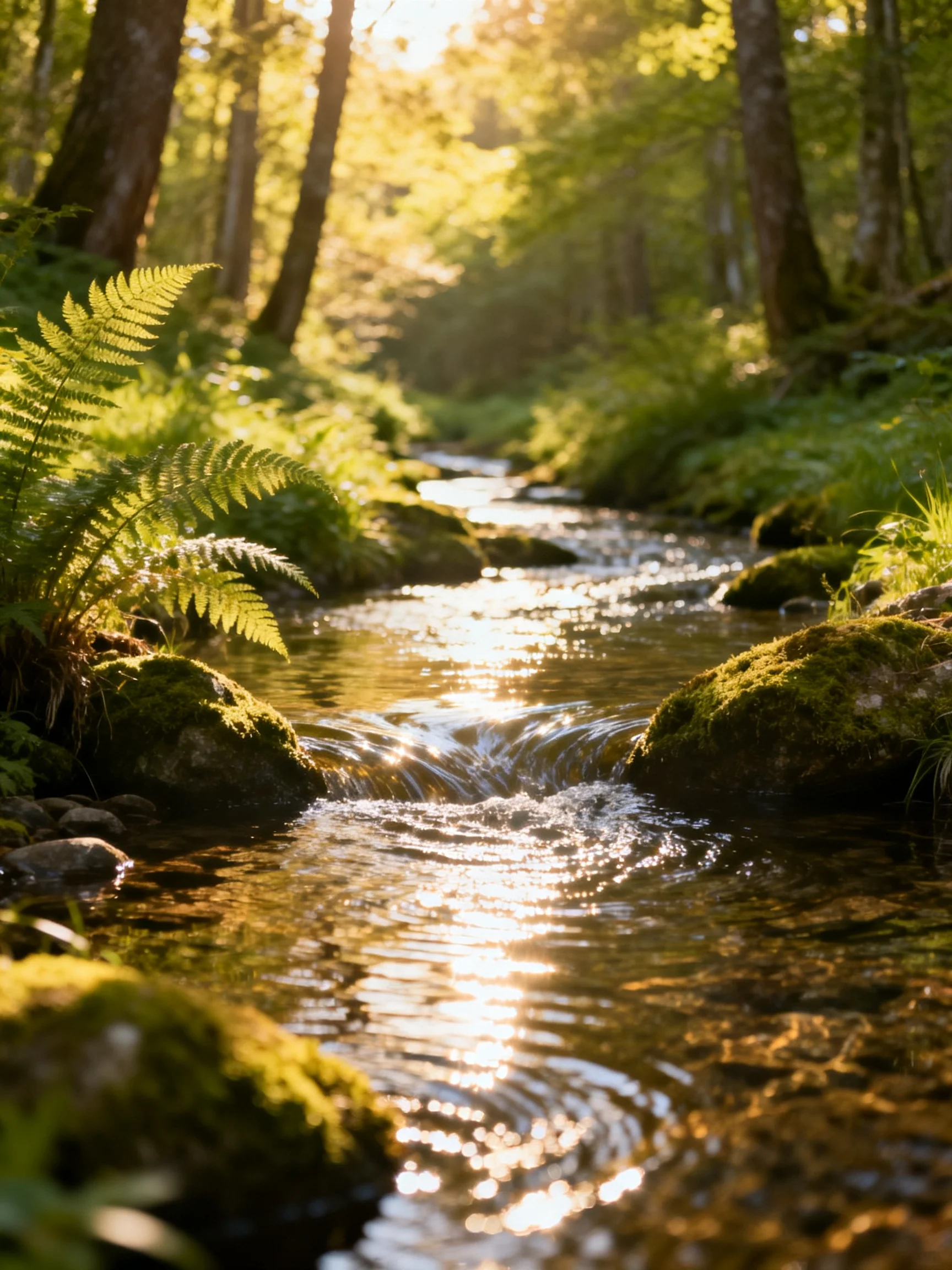 Sunlit Forest Stream with Moss-Covered Rocks and Ferns