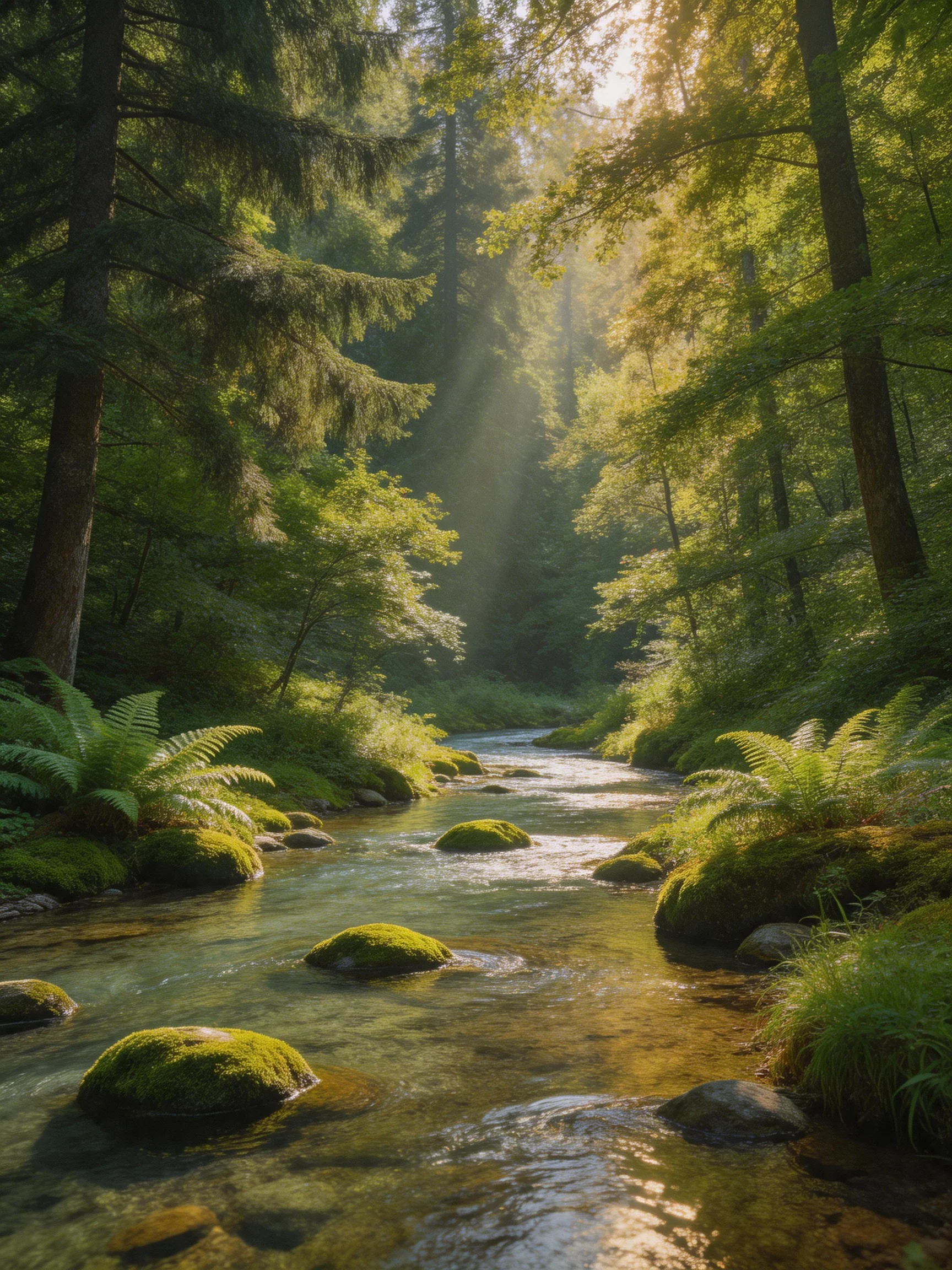 Sunlit Forest Stream with Moss-Covered Rocks and Lush Greenery