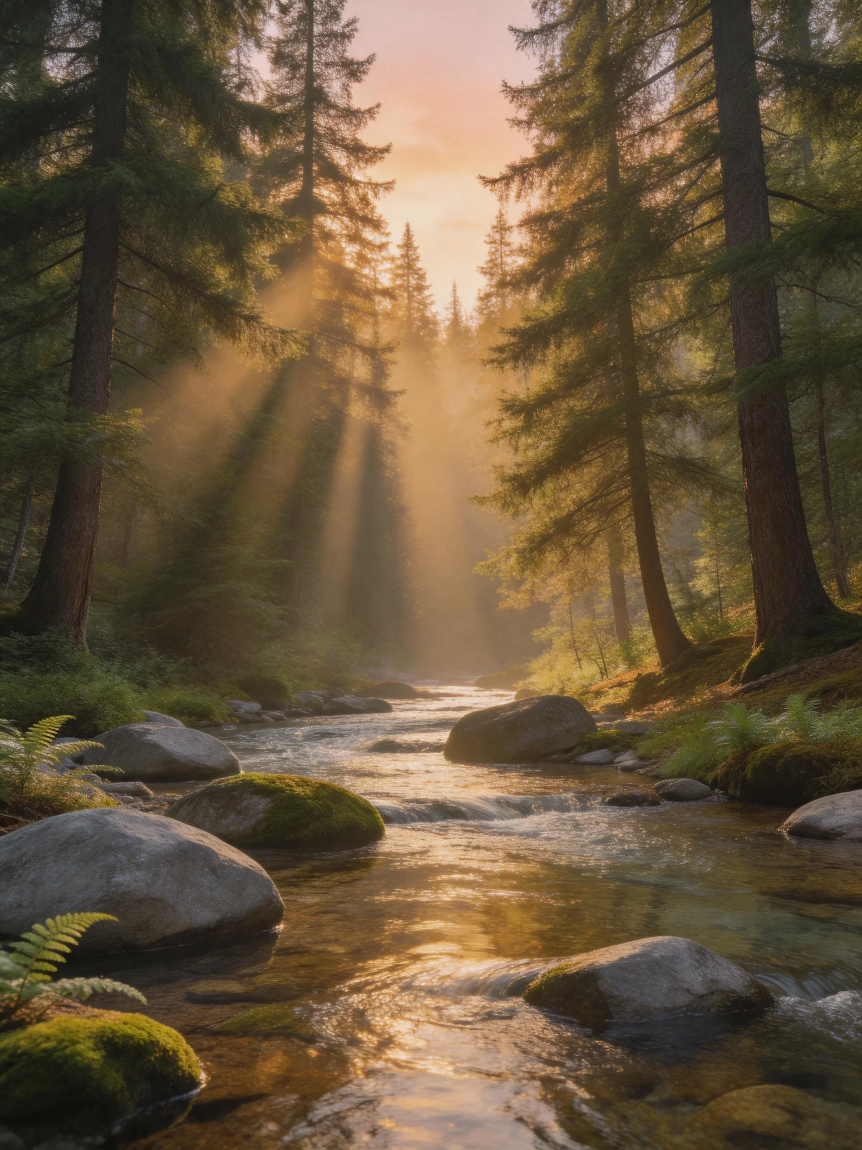 Sunlit Forest Stream with Moss-Covered Rocks and Tall Evergreens