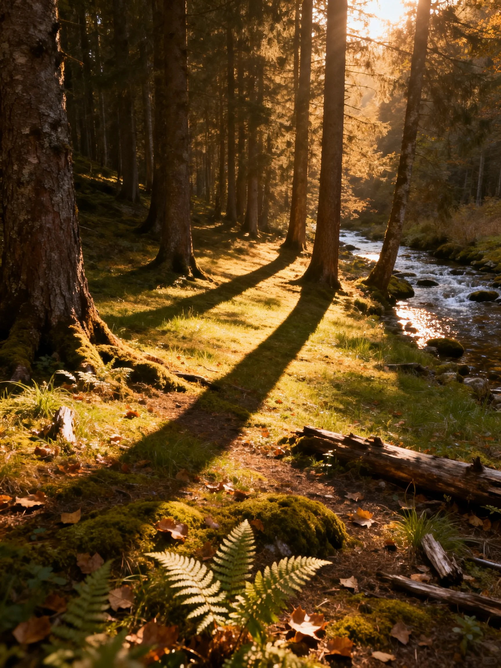 Sunlit Forest Stream with Tall Trees and Mossy Ground