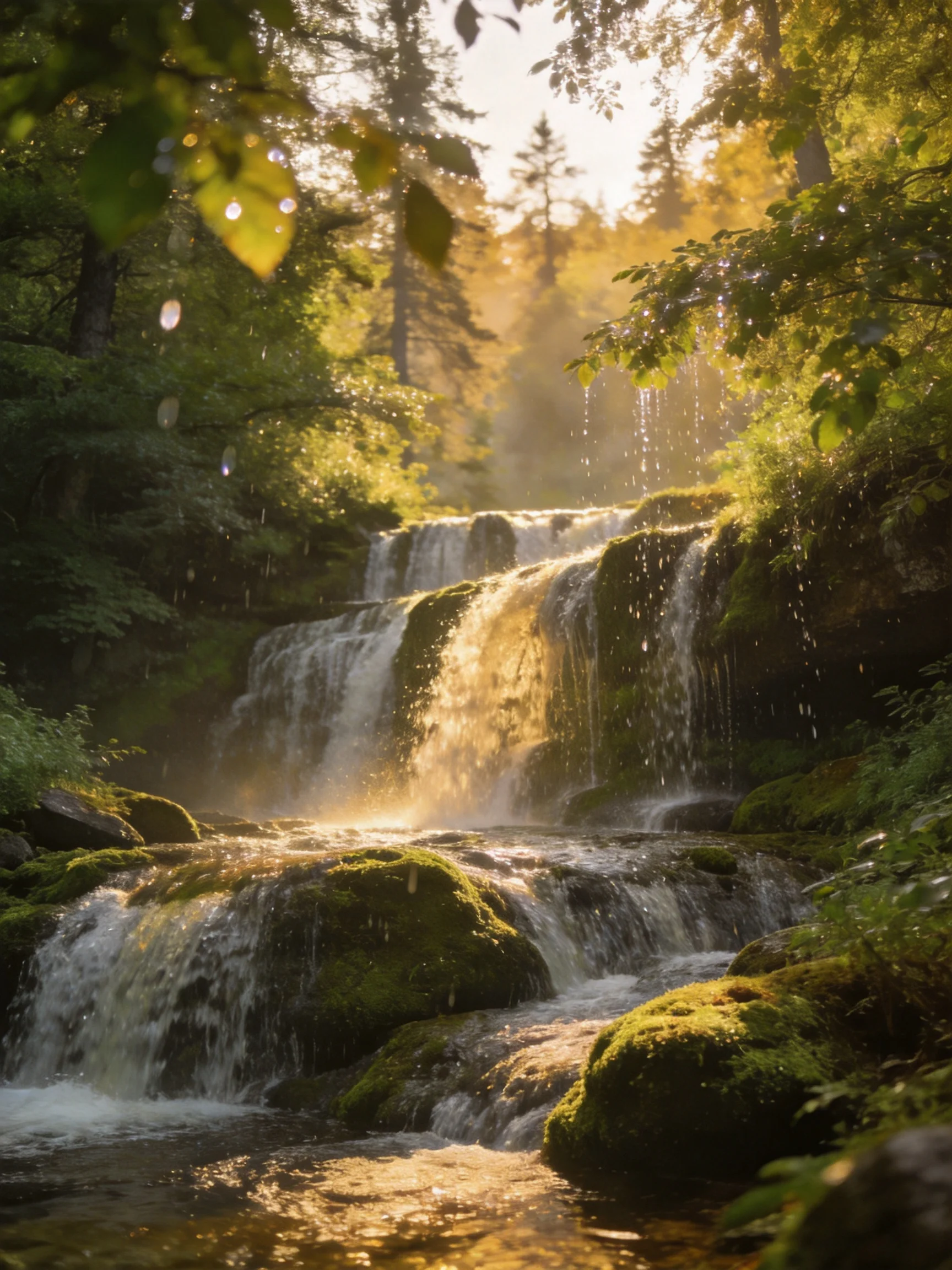 Sunlit Forest Waterfall with Lush Green Moss and Golden Light