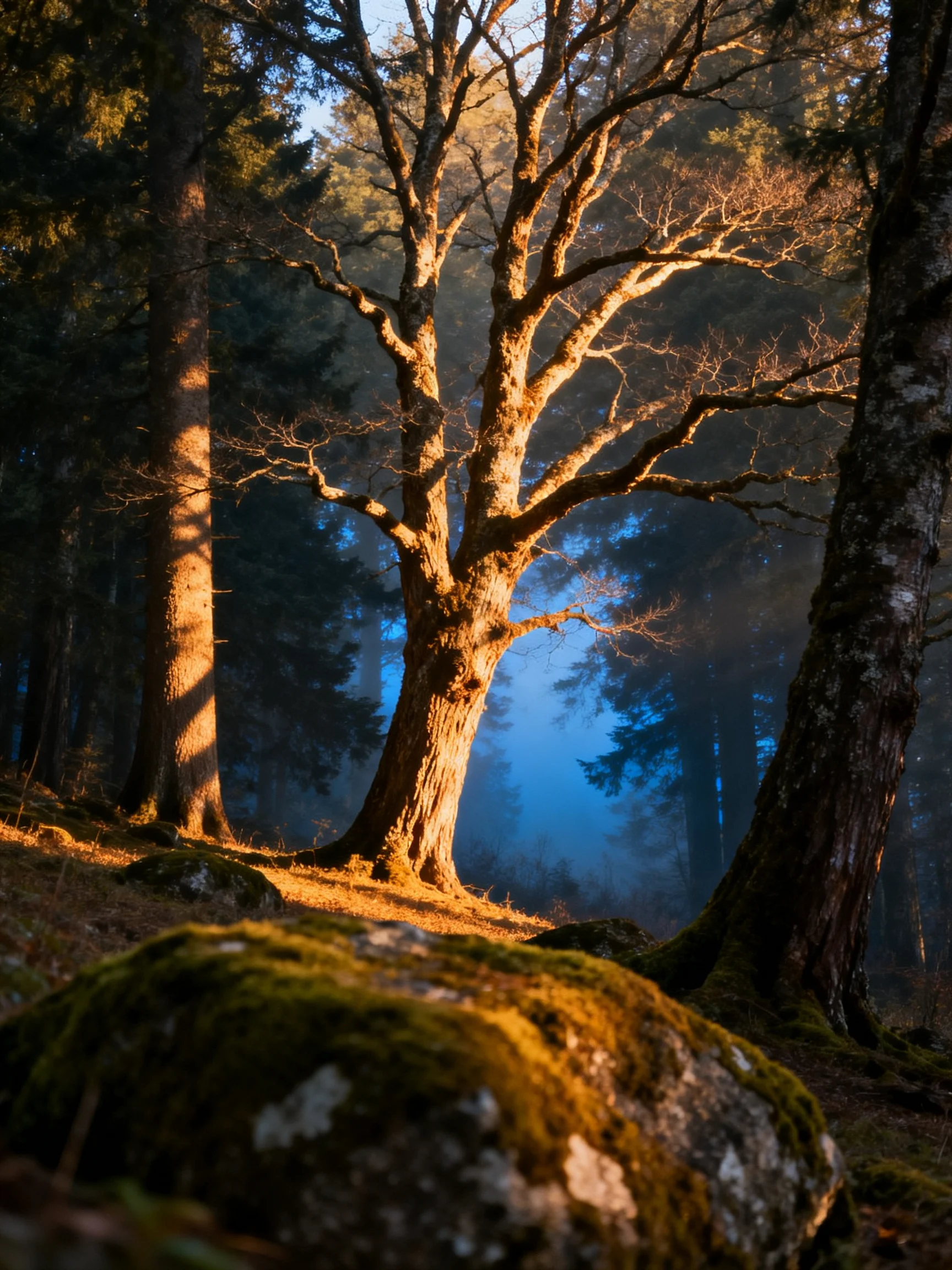 Sunlit Forest with Ancient Trees and Moss-Covered Rocks