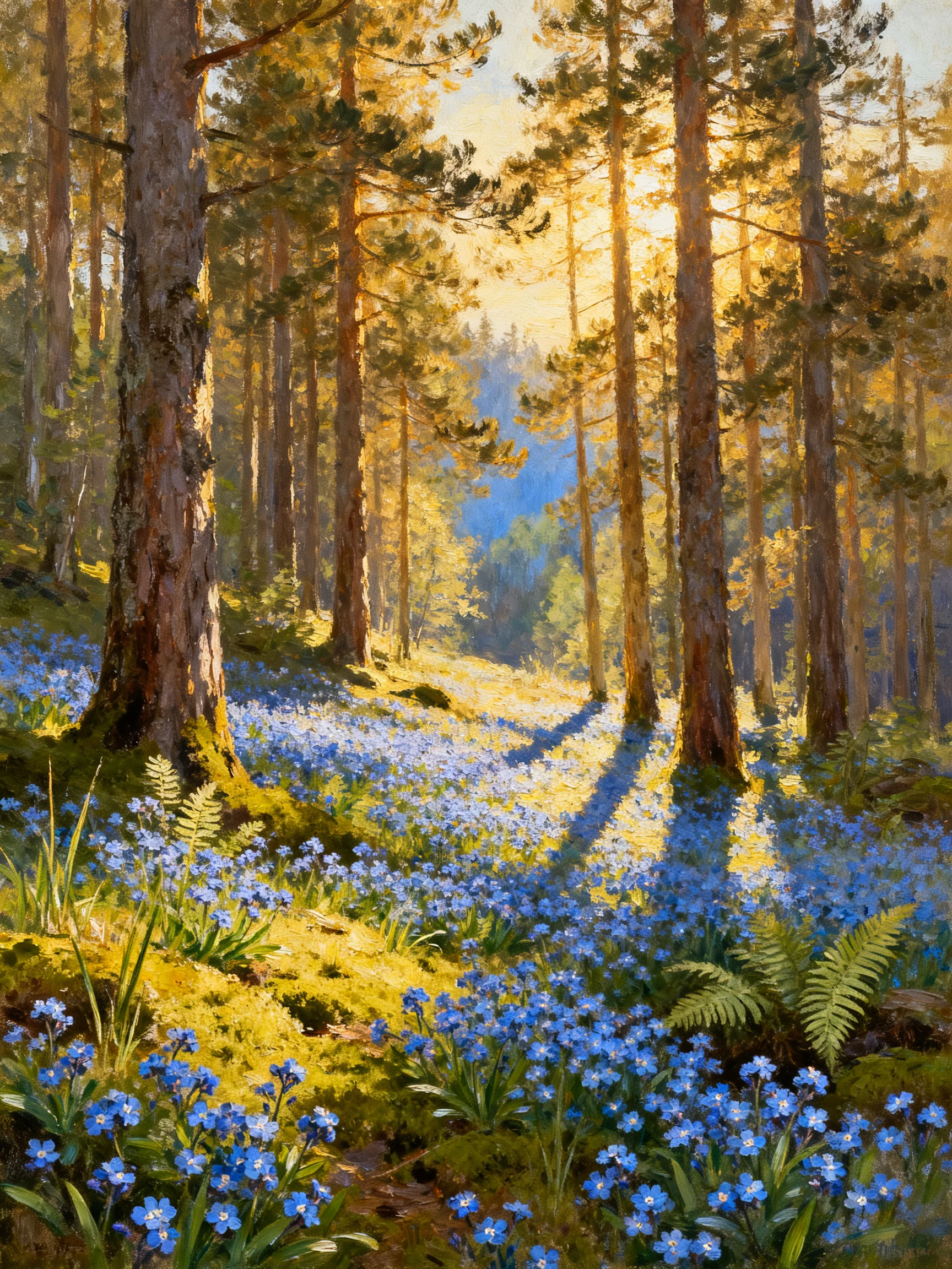 Sunlit Forest with Blue Wildflowers and Tall Pine Trees