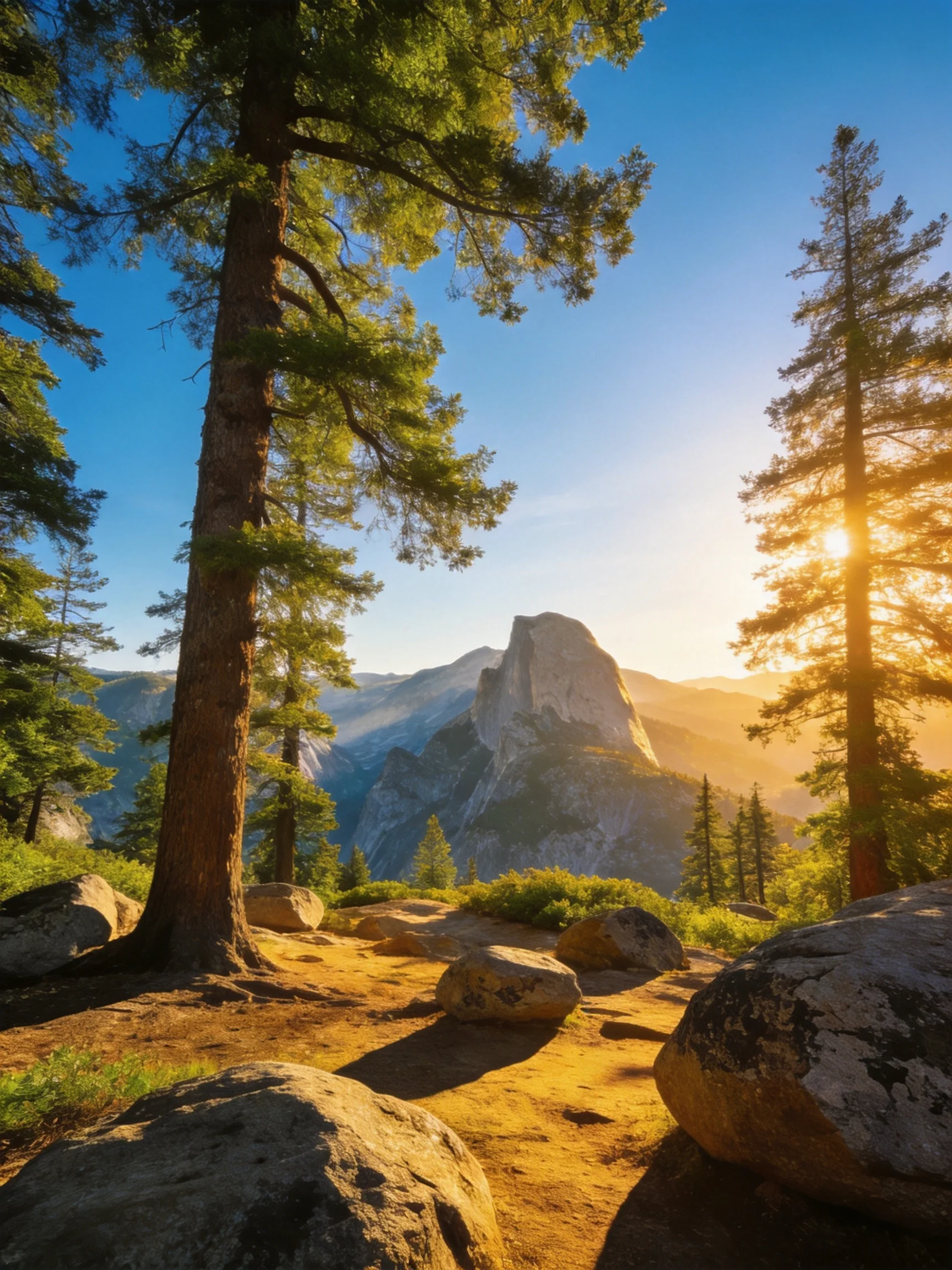 Sunlit Forest with Majestic Mountain and Large Boulders
