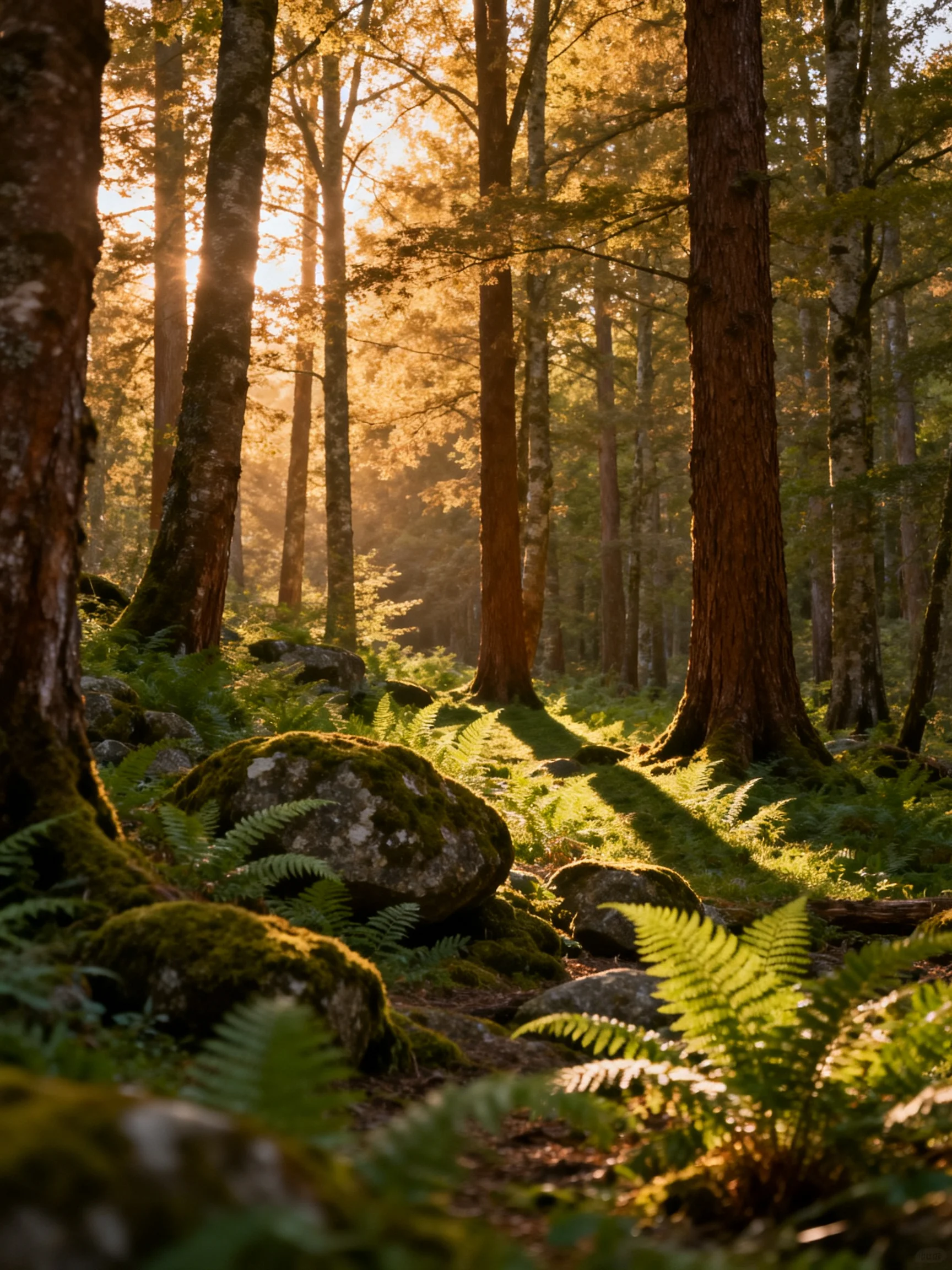 Sunlit Forest with Moss-Covered Rocks and Ferns