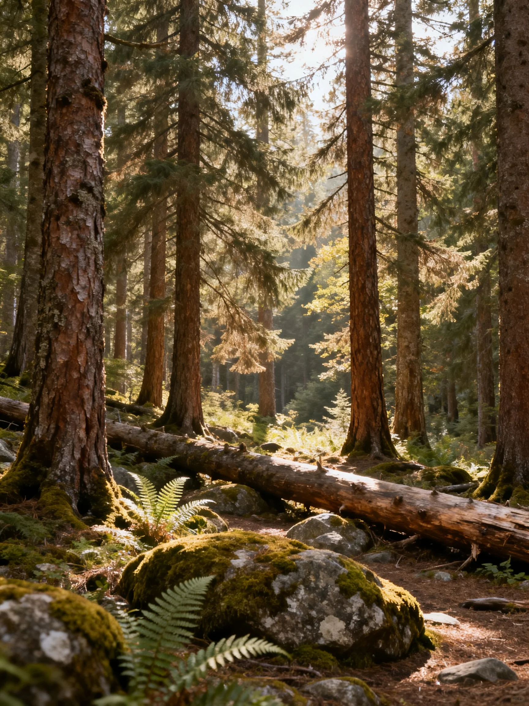 Sunlit Forest with Moss-Covered Rocks and Tall Pine Trees
