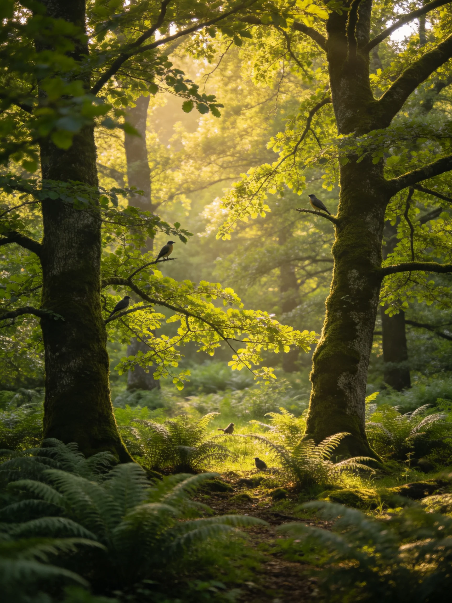 Sunlit Forest with Moss-Covered Trees and Perched Birds