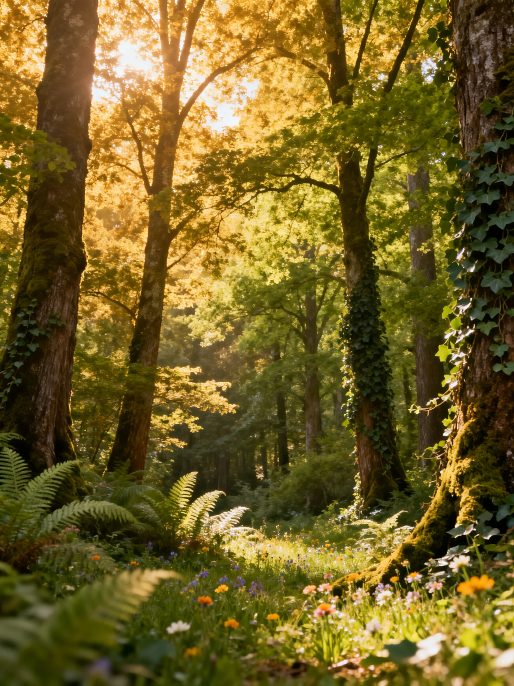 Sunlit Forest with Tall Trees, Ferns, and Colorful Wildflowers
